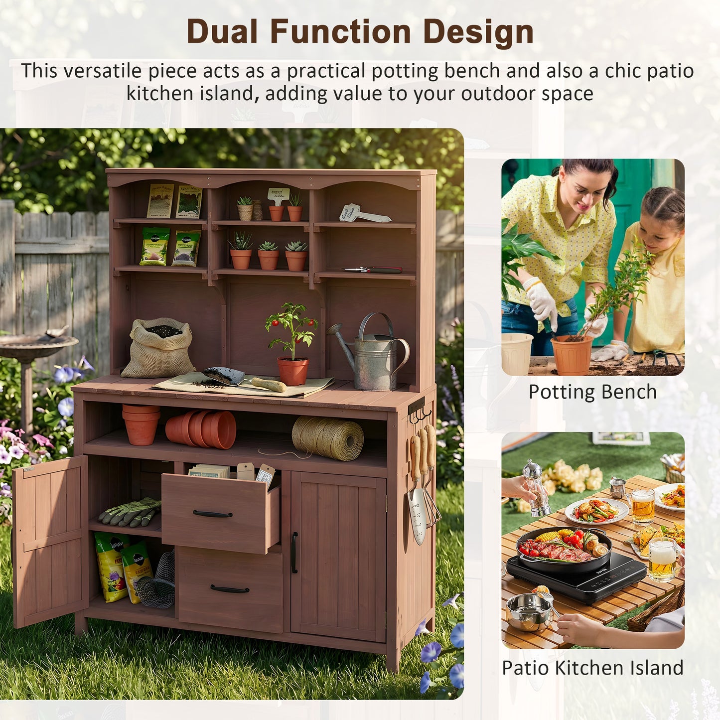 With Assembly Video TOPMAx Large Fir Wood Potting Bench  45.3 L Multi- Functional Outdoor Patio Kitchen Island With Hutch  Cabinets  Drawers & Hooks   Large Countertop For Gardening  Grill  Brown
