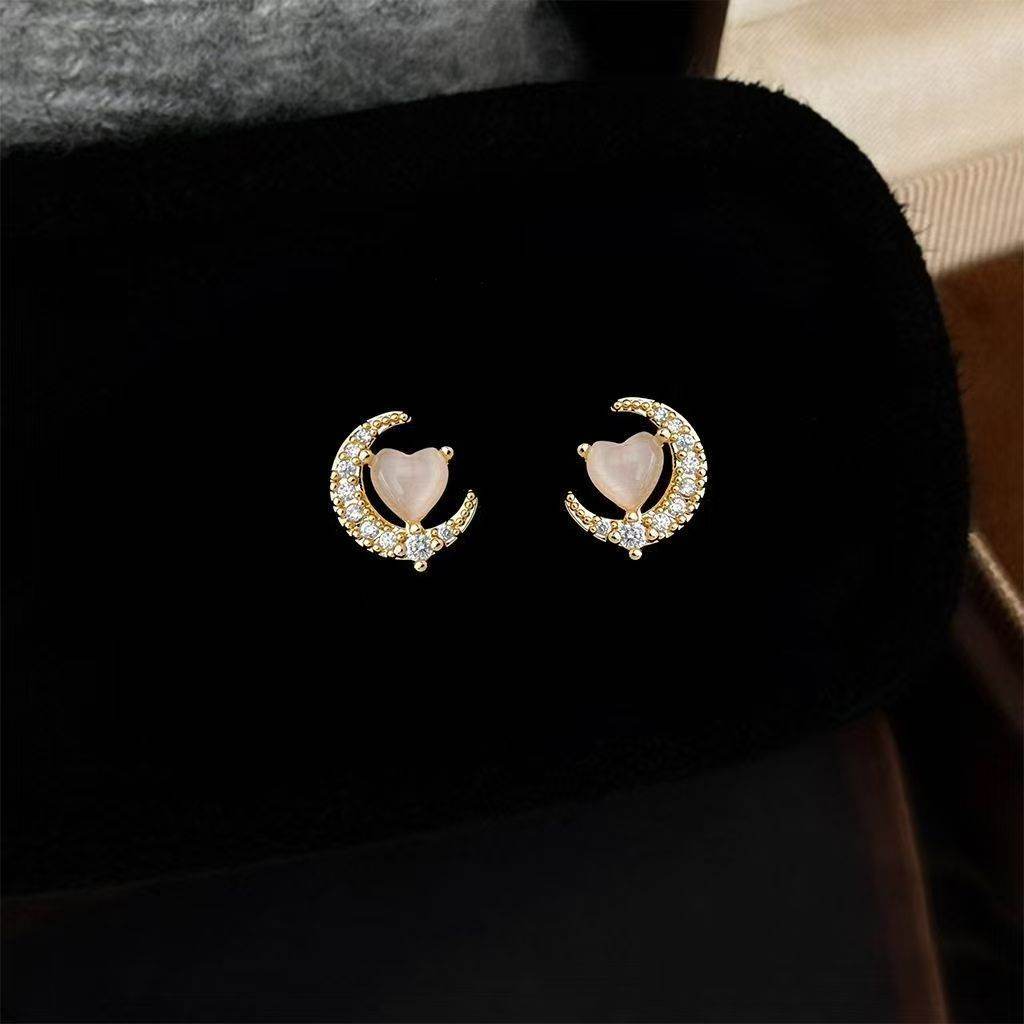 Korean Fashion Light Luxury Moon Stud Earrings For Women, Soft Sweet Fresh Style Cat's Eye Glass Stone Elegant Ear Jewelry