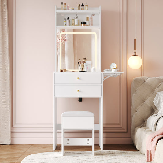 Small Dressing Table With Adjustable LED Lighting And -Incl. 1 Stool, 2 Drawers, Two Open Compartments And Storage Space With 25cm Folding Table Top Colour White Dimensions  WxHxD 75 X156 X45 Cm