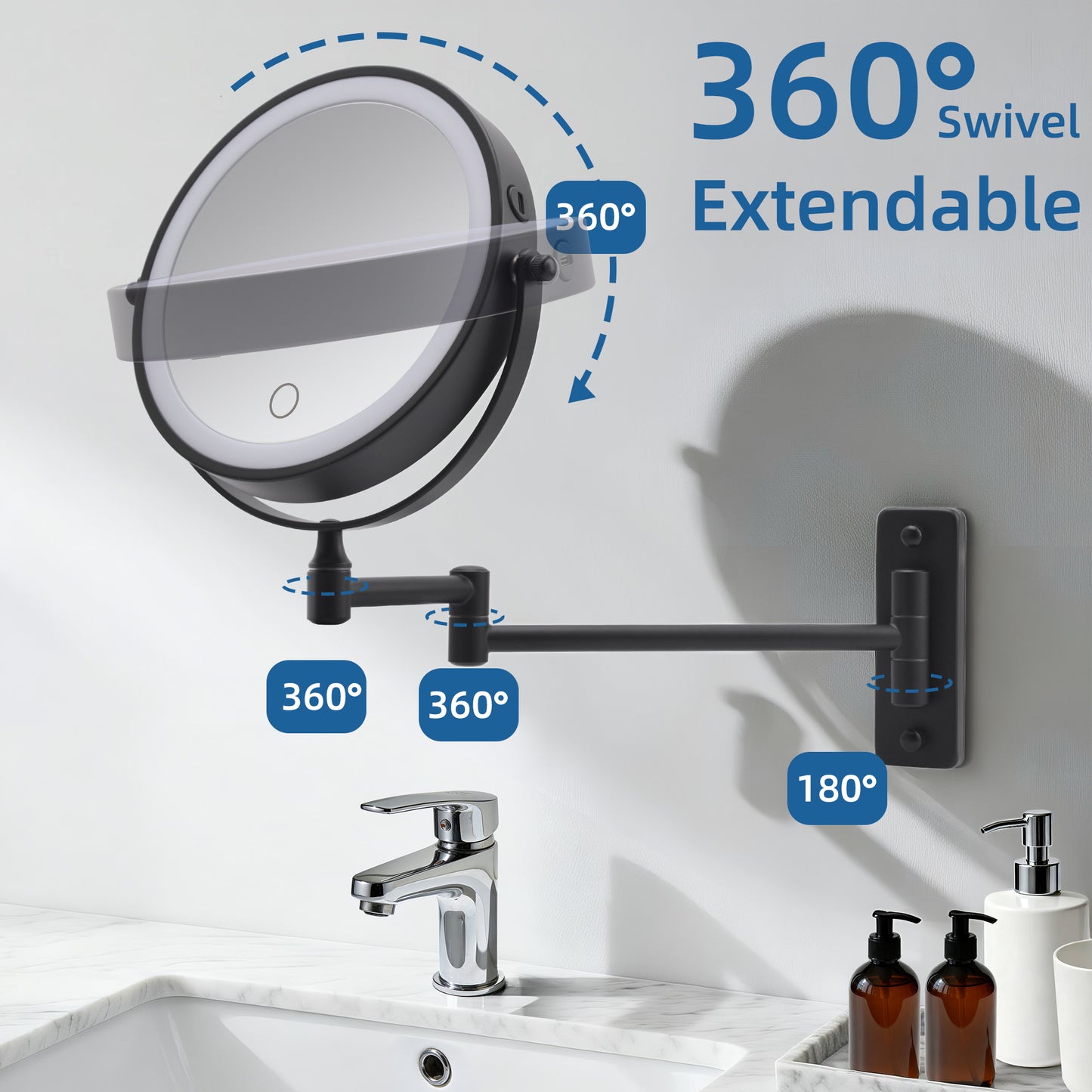 Wall Mounted Lighted Makeup Mirror, 10 00mAh Rechargeable Double Sided 1X 10X Magnifying Mirror With Light,3 Color Lights,Touch Dimmable, Extended Arm 360 Rotation Wall Mounted Makeup Mirror