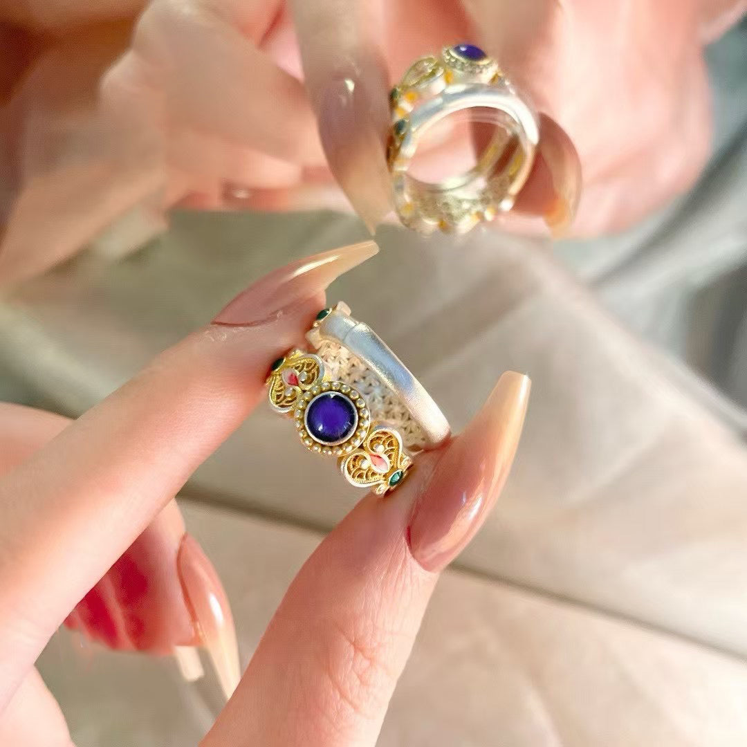 1pcs 999.9 Sterling Silver Gold-Plated Enamel Floral Ring, Luxury Retro Style, Ideal For Birthdays & Holiday Gifts