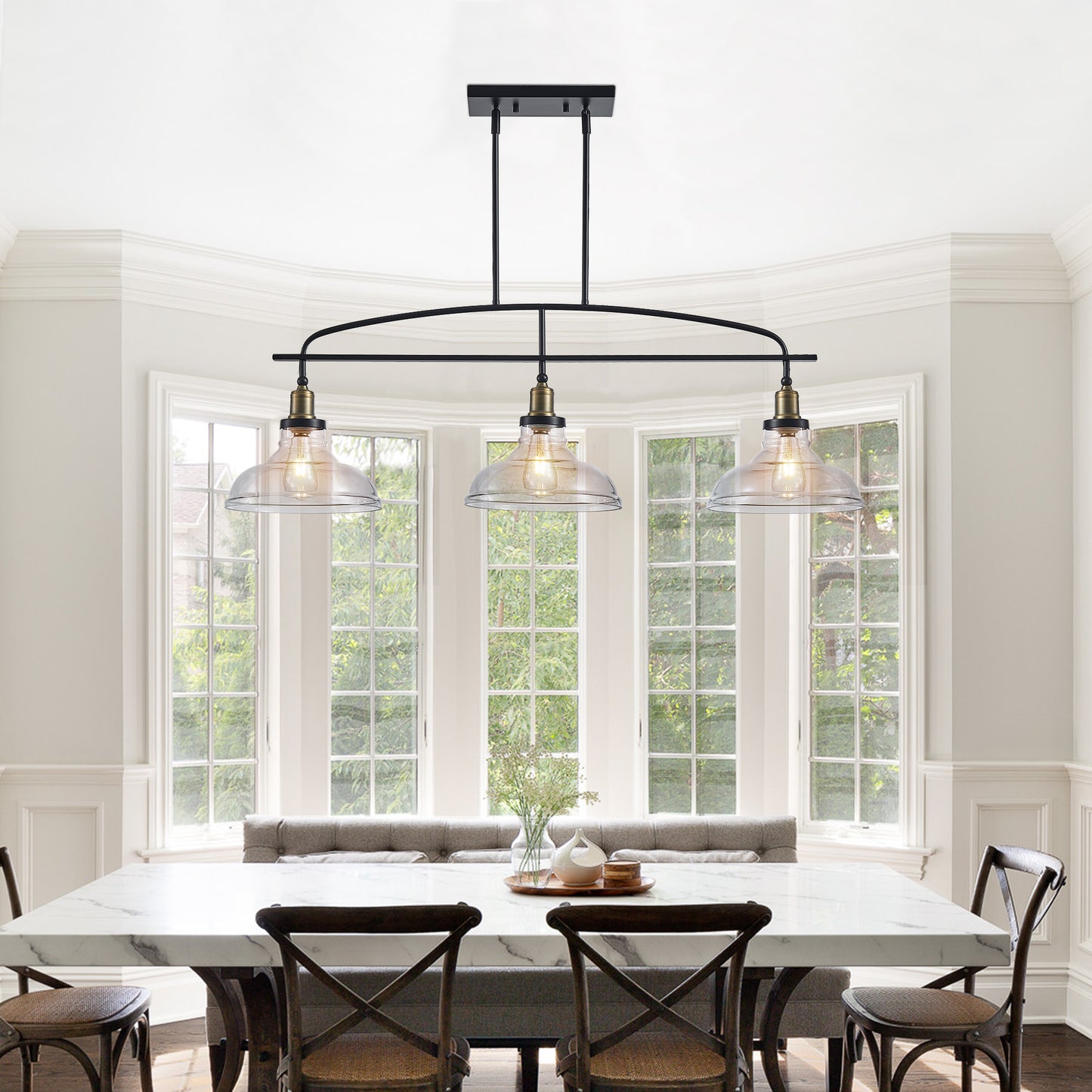 45  Industrial 3-Light Pendant Chandelier With Clear Glass Shades, Black Metal Frame, Adjustable Height, Modern Farmhouse Lighting For Kitchen Island, Dining Room, Or Living Room Bulb Not Included