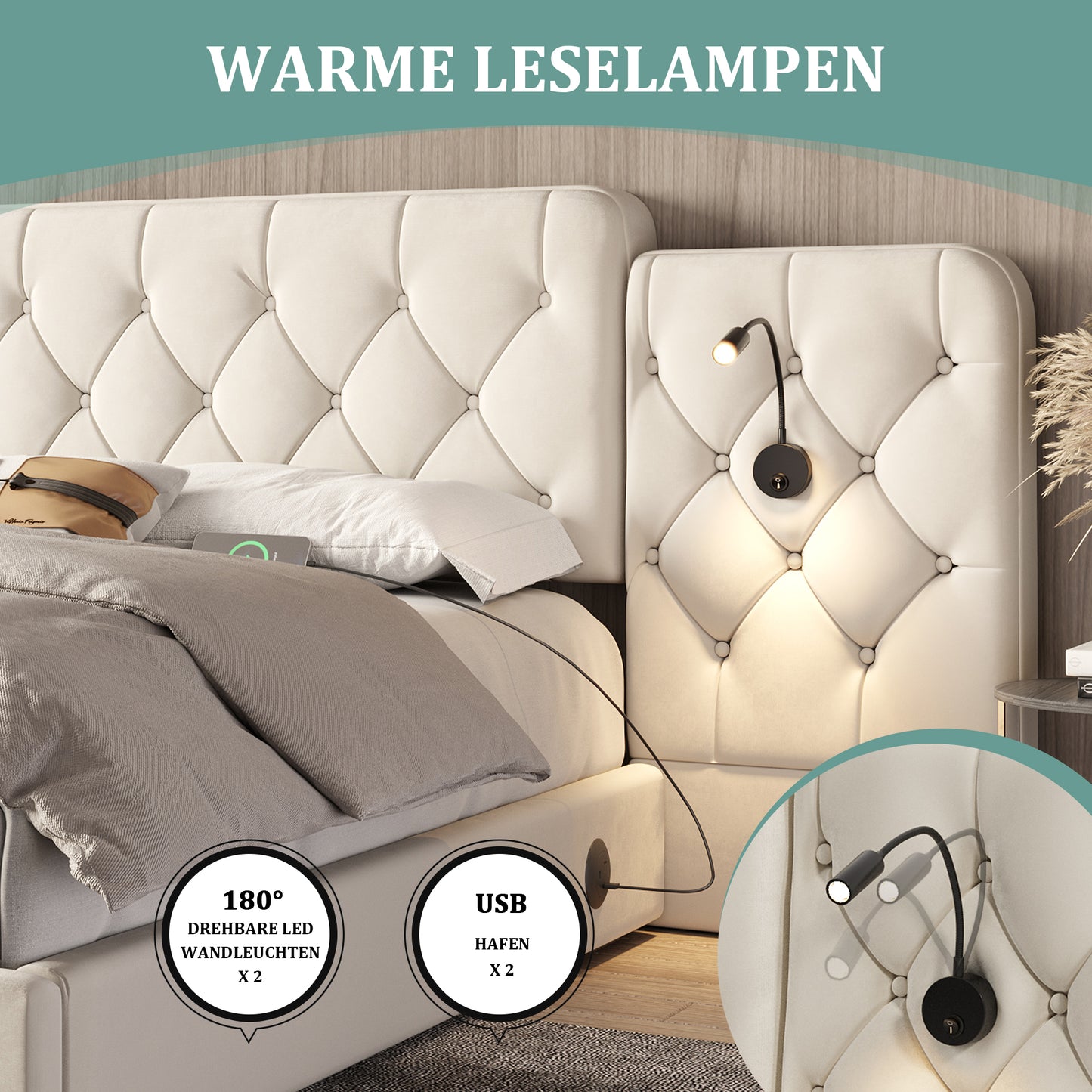 Old SKU W1880S00074 Bed Frame With Long Headboard, Fashionable Velvet Material, Multiple USB Ports, Desk Lamp, Hydraulic System, Extra Large Storage Space At The Bottom, 160 X 200 Cm,Beige