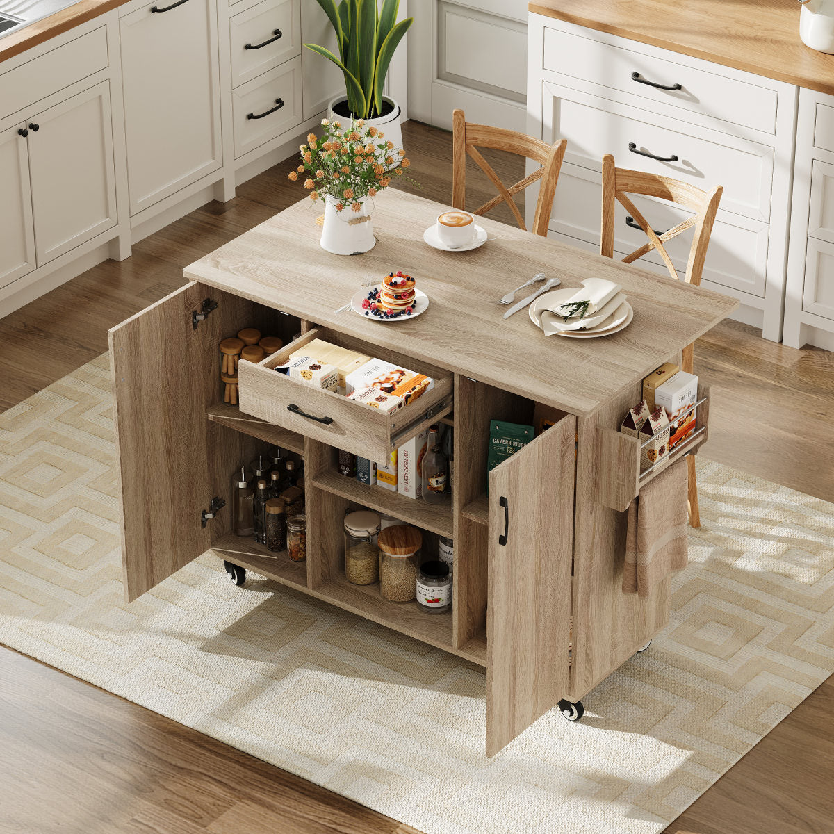 Kitchen Island, Kitchen Trolley With Folding Worktop, 120cm Mobile Kitchen Island On Wheels, Rollable Serving Trolley With Drawer & Cabinet, Sonoma Oak, 92.9x120x43.5cm