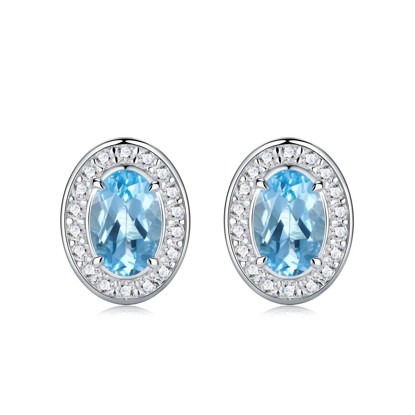 1.65g S925 Sterling Silver Halo Stud Earrings For Women  Oval Cut Blue Topaz & Moissanite, Platinum Plated Jewelry Gift Box Set