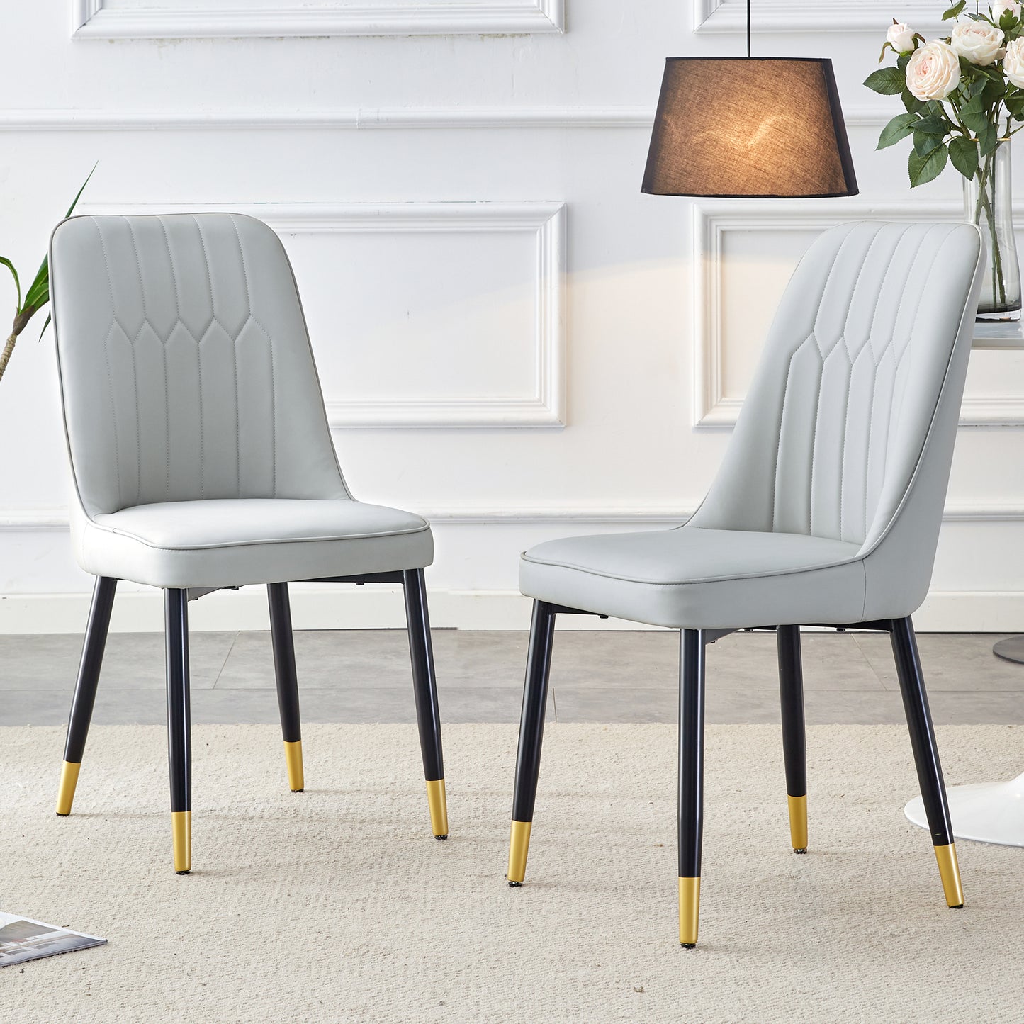 2-piece Package Chair, Modern Light Gray Dining Chair With PU Leather Back Cushion And Black Metal Legs, Suitable For A Variety Of Scenes Such As Dining Room, Kitchen And Bedroom.