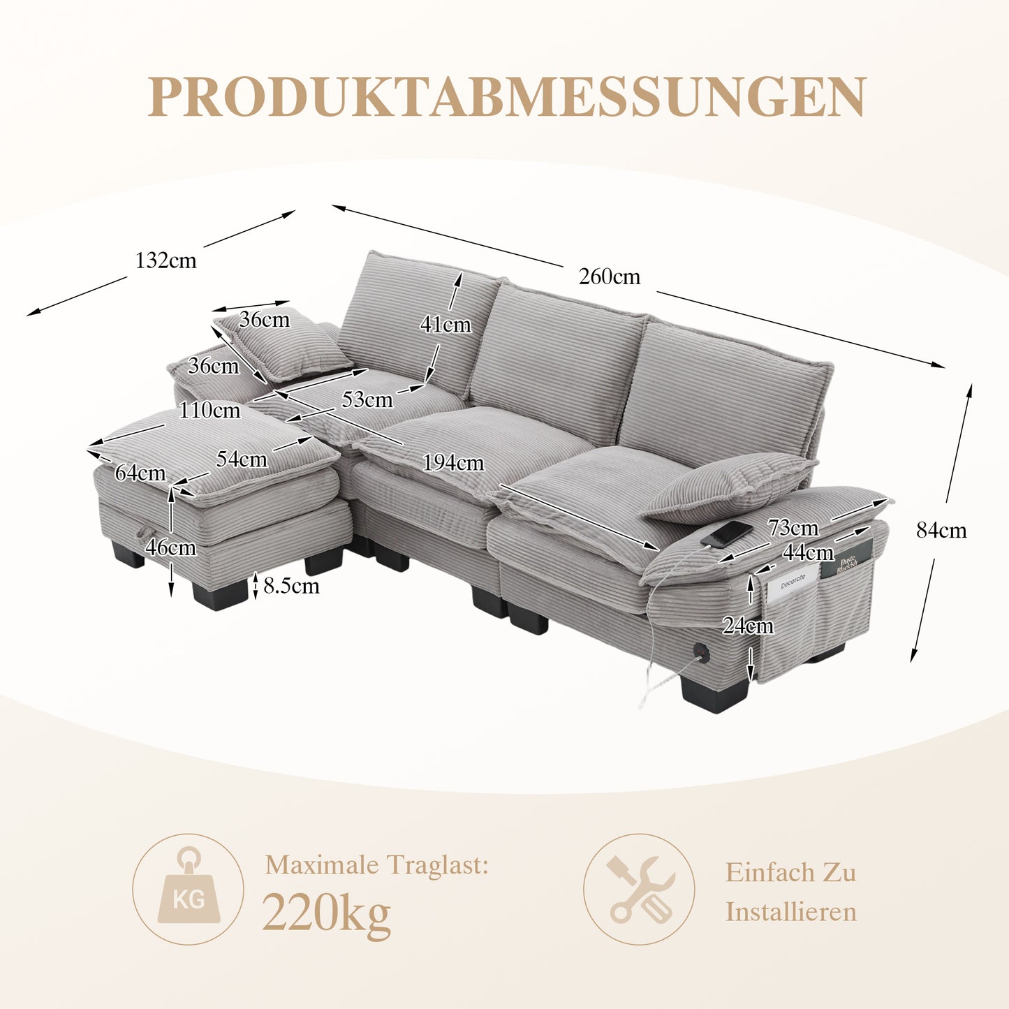 Modular 3-seater Corduroy Sofa  With 1 Stool Wide Seat, Ergonomic Design, High-density Foam Padding, USB-C Port And Side Pockets.Ideal For Living Room, Office Or Lounge.Light Grey