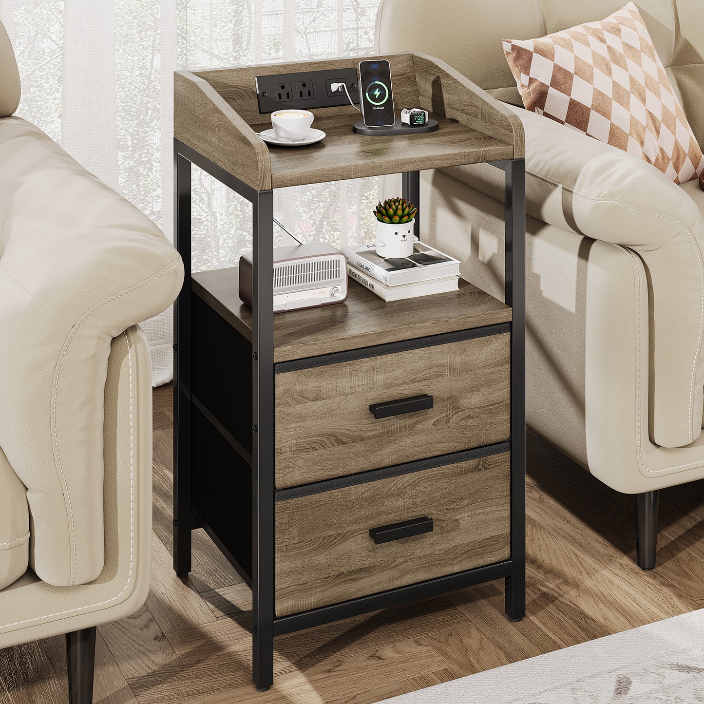 Nightstand With Charging Station Modern Bedside End Side Table With Guardrail Storage Shelf 2 Fabric Drawers USB Ports AC Outlets