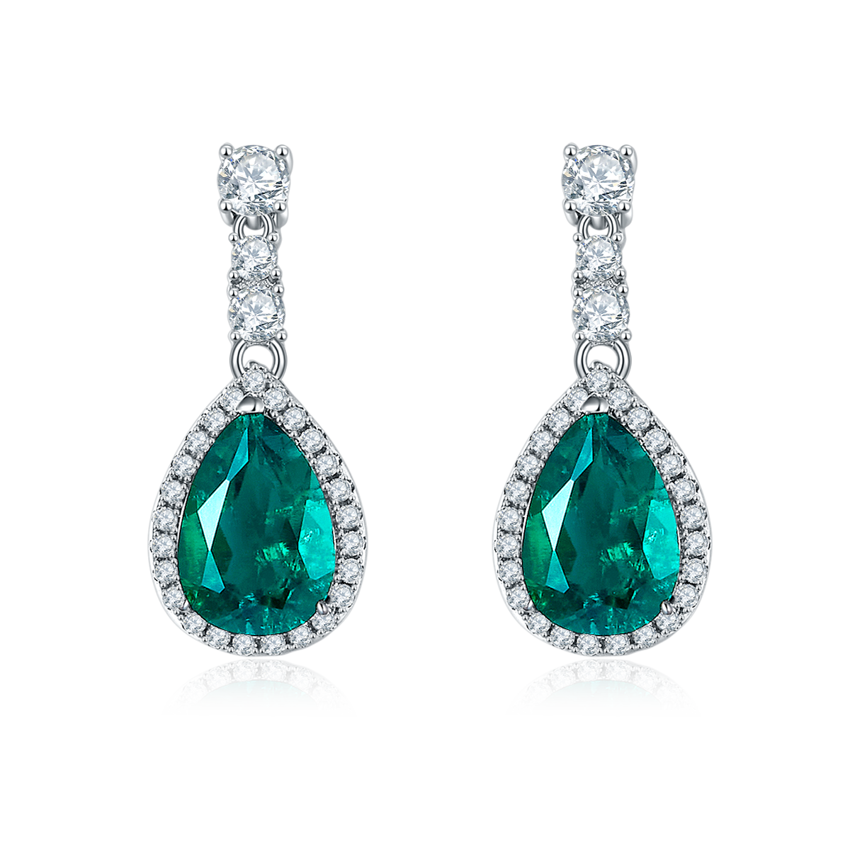 S925 Sterling Silver Teardrop Dangle Earrings, 7x11mm Lab-Grown Ruby Sapphire Emerald With Halo, Platinum Plated 3.2g Women's Jewelry Gift Box