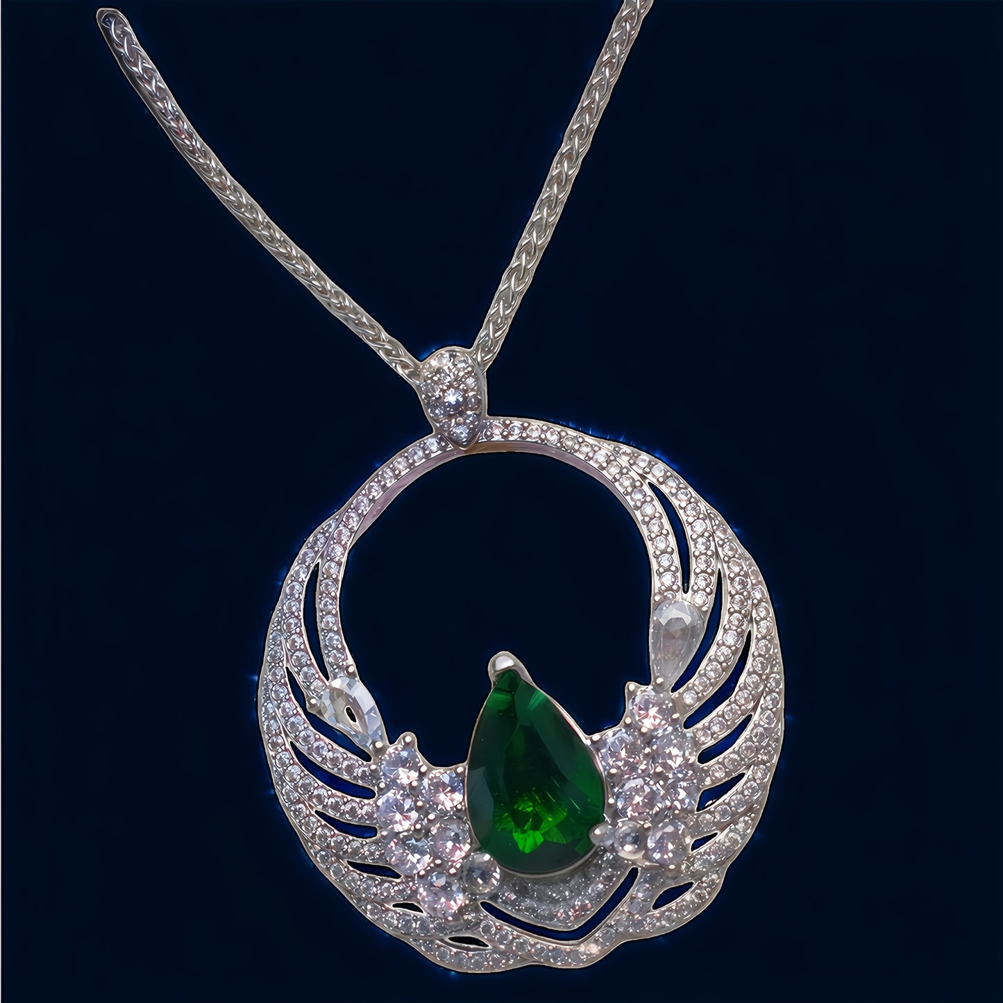 Pear Cut Simulated Emerald Wing Circle Pendant Necklace For Women, Copper Plated Silver Full Pave White Cubic Zirconia Luxury Angel Wing Wedding Bridal Statement Jewelry Gift