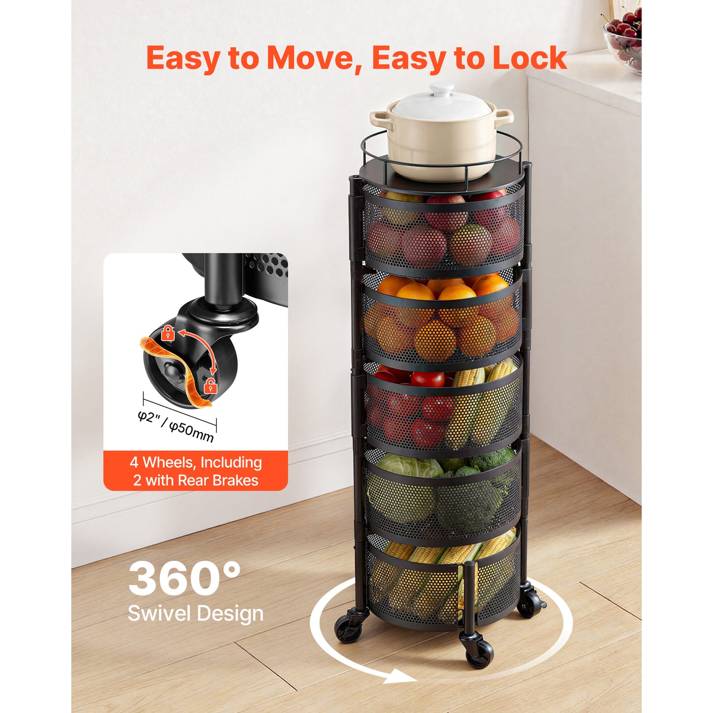 Rotating Storage Rack Cart, 5 Tier Fruit And Vegetable Basket Bowls, Heavy Duty Wire Basket Organizer On Wheels, Large Capacity Stand With Metal Top Lid, For Kitchen Bathroom Nursery, Black
