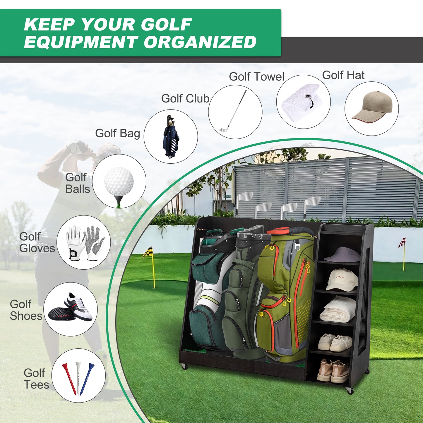 Wooden Golf Bag Storage Rack , Holds 3 Stand Bags  14 Clubs, Organizer For Golf Balls, Shoes  Accessories, Heavy Duty For Garage, Indoor Outdoor Use, Easy Assembly,Black