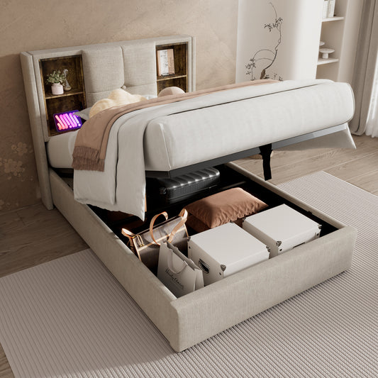 Single Bed With Wireless Charging USB C, Upholstered Bed Frame 90x200cm, Bed Frame With Storage Slatted Base In Wood-Natural Linen  Without Mattress