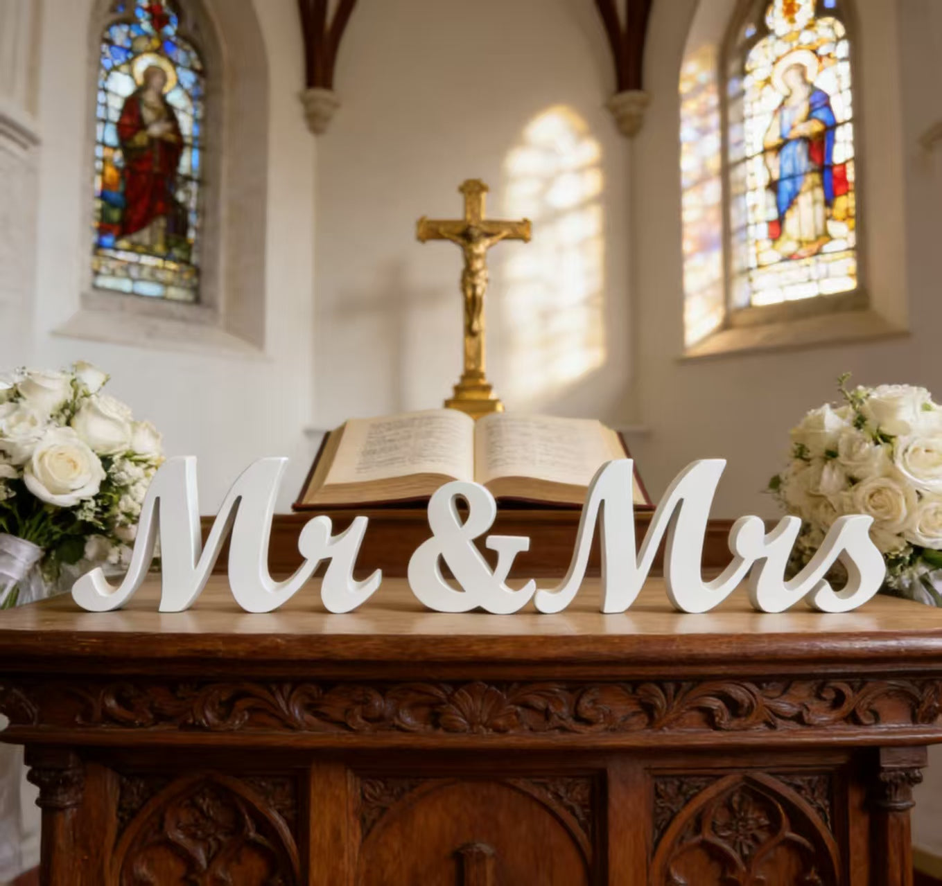 White Wooden Mr & Mrs Sign Wedding Table Decor, Church Ceremony Photo Prop, Newlywed Home Ornament