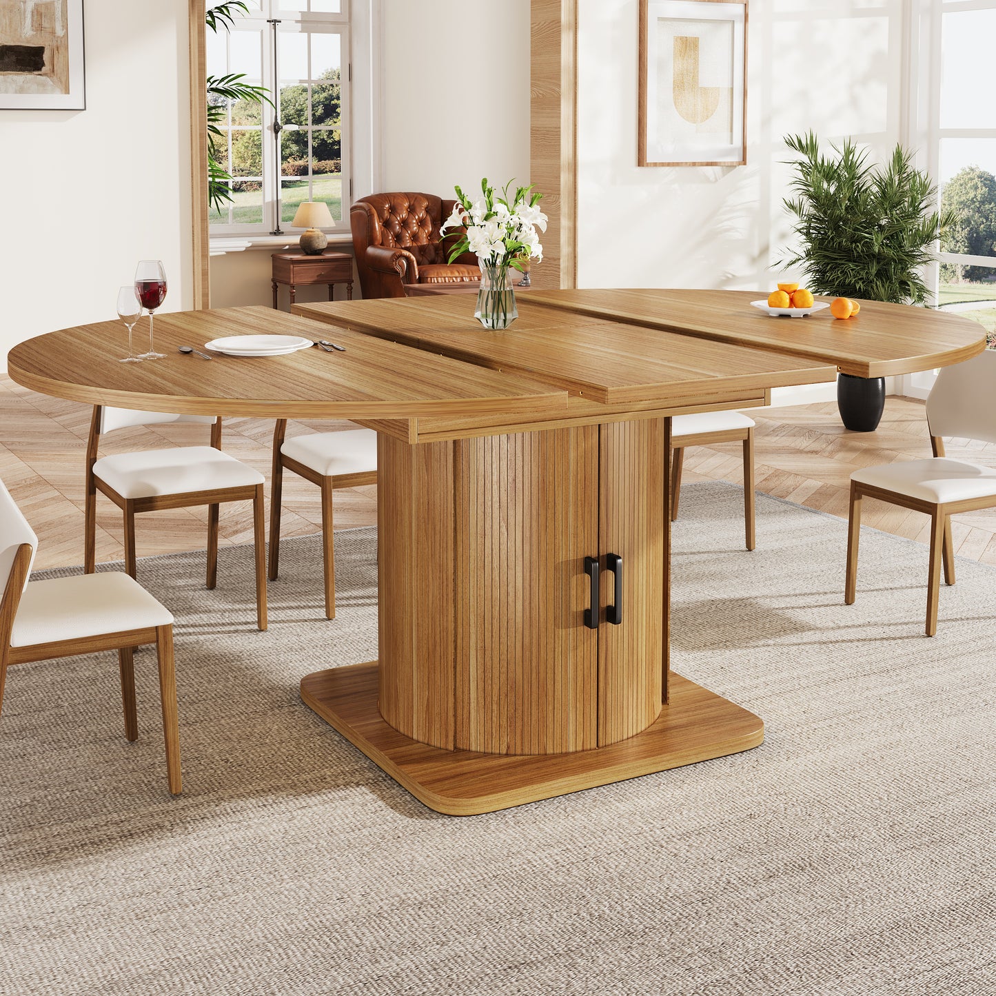 Extendable Dining Table, Dining Room Table, Kitchen Table, Round Dining Table, Extends To Oval, 118-158 Cm, Seats Up To 6 People, Dining Table With Drawers, Dark Brown