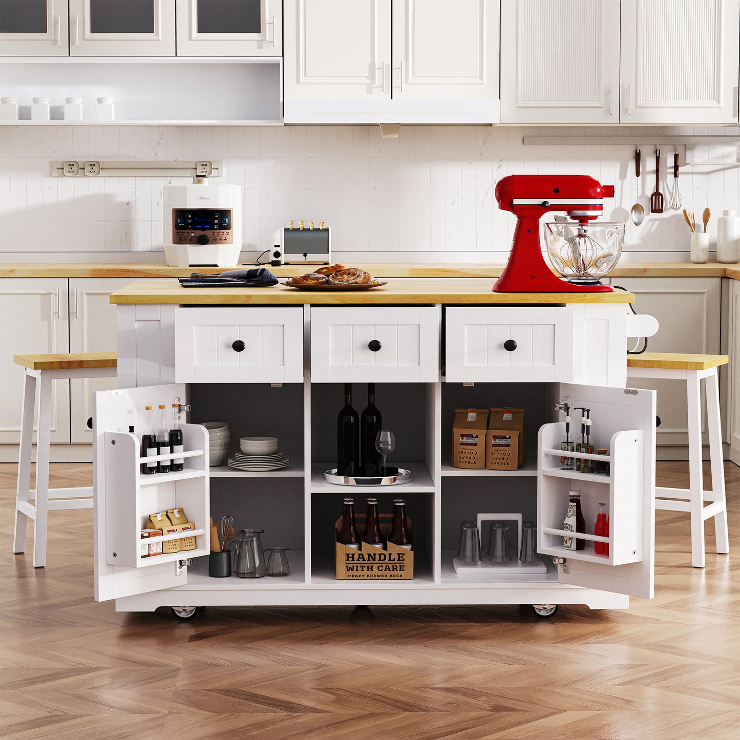 K&K 53inch Large Kitchen Island With 2 Bar Stools, Power Outlet,Door Internal Storage Rack, Kitchen Storage Cart On 5 Wheels With Drop Leaf, 5 Open Side Racks, 3 Drawers,White Three Packages