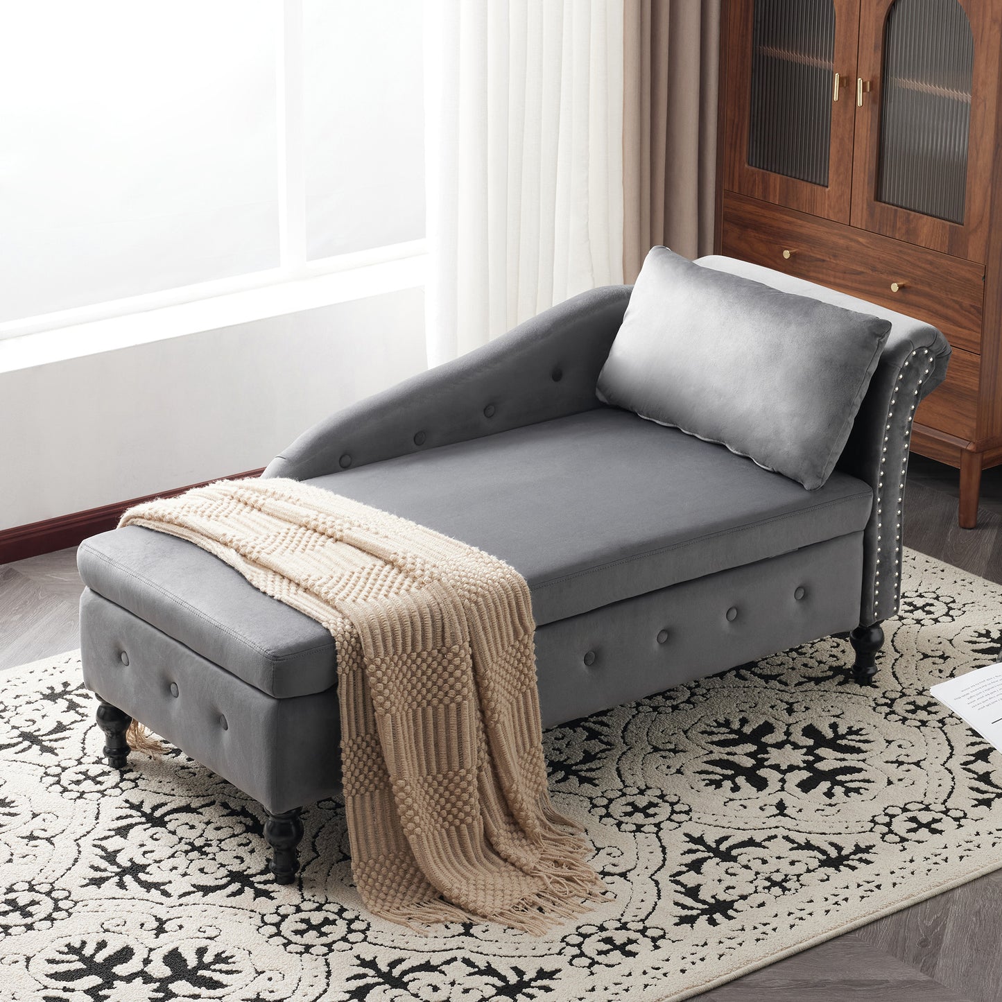 Velvet Chaise Lounge Sofa With Storage, Upholstered Chaise Lounge Couch With Pillow For Living Room, Modern Nailhead-Trim & Button-tufted Lounge Chair, Bedroom And Office, Right Armrest