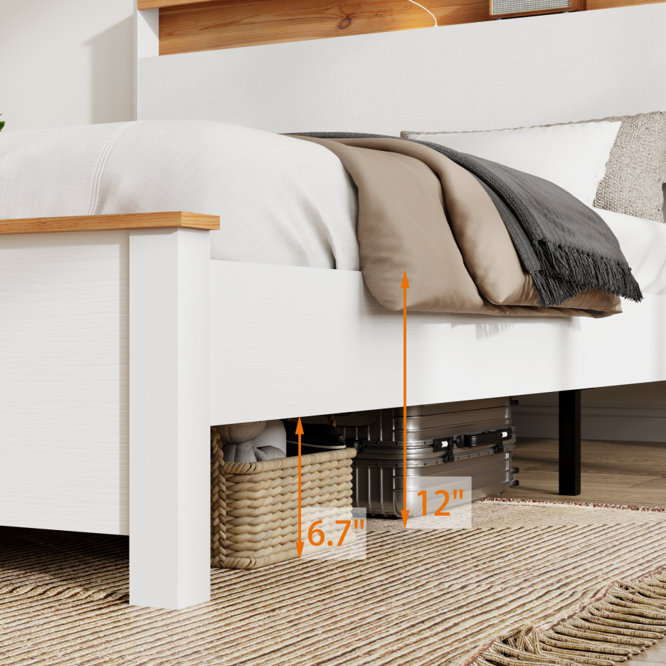 Full Farmhouse Wood Bed Frame With Storage Headboard & Charging Station, White