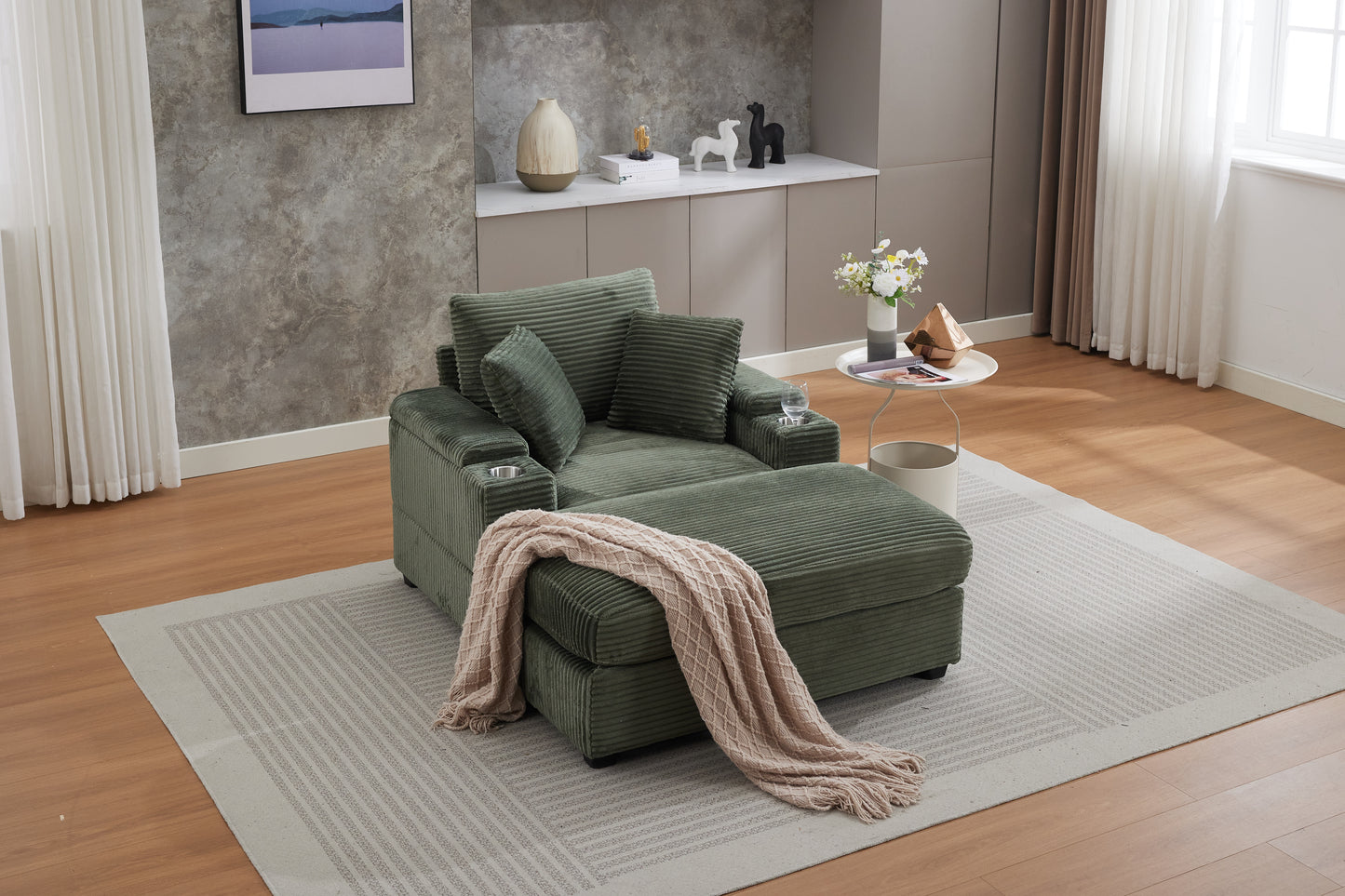 VIDEO New Corduroy Upholstered Chaise Lounge Sofa With Handrail Storage,Movable Ottoman,Cupholders,Detachable Cushions Deep Seat For Living Room Office,3 Colour,Wide Stripe Corduroy