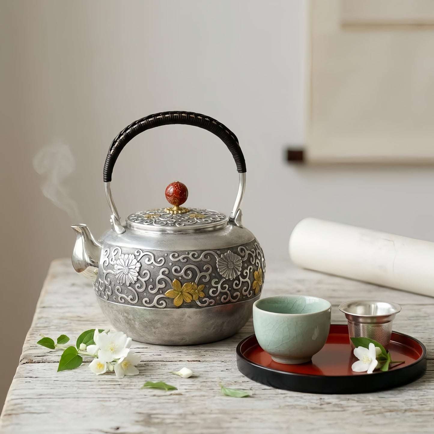 925 Sterling Silver Handcrafted Silver Tea Kettle with Ornate Floral Carvings and Red Marble Accents - Handicraft