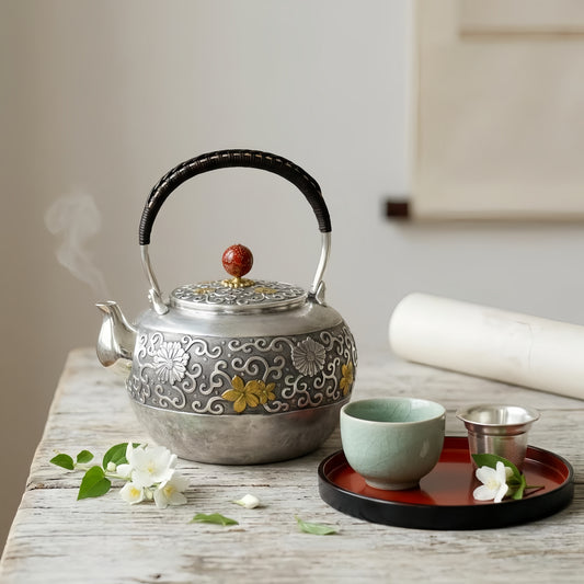 925 Sterling Silver Handcrafted Silver Tea Kettle with Ornate Floral Carvings and Red Marble Accents - Handicraft