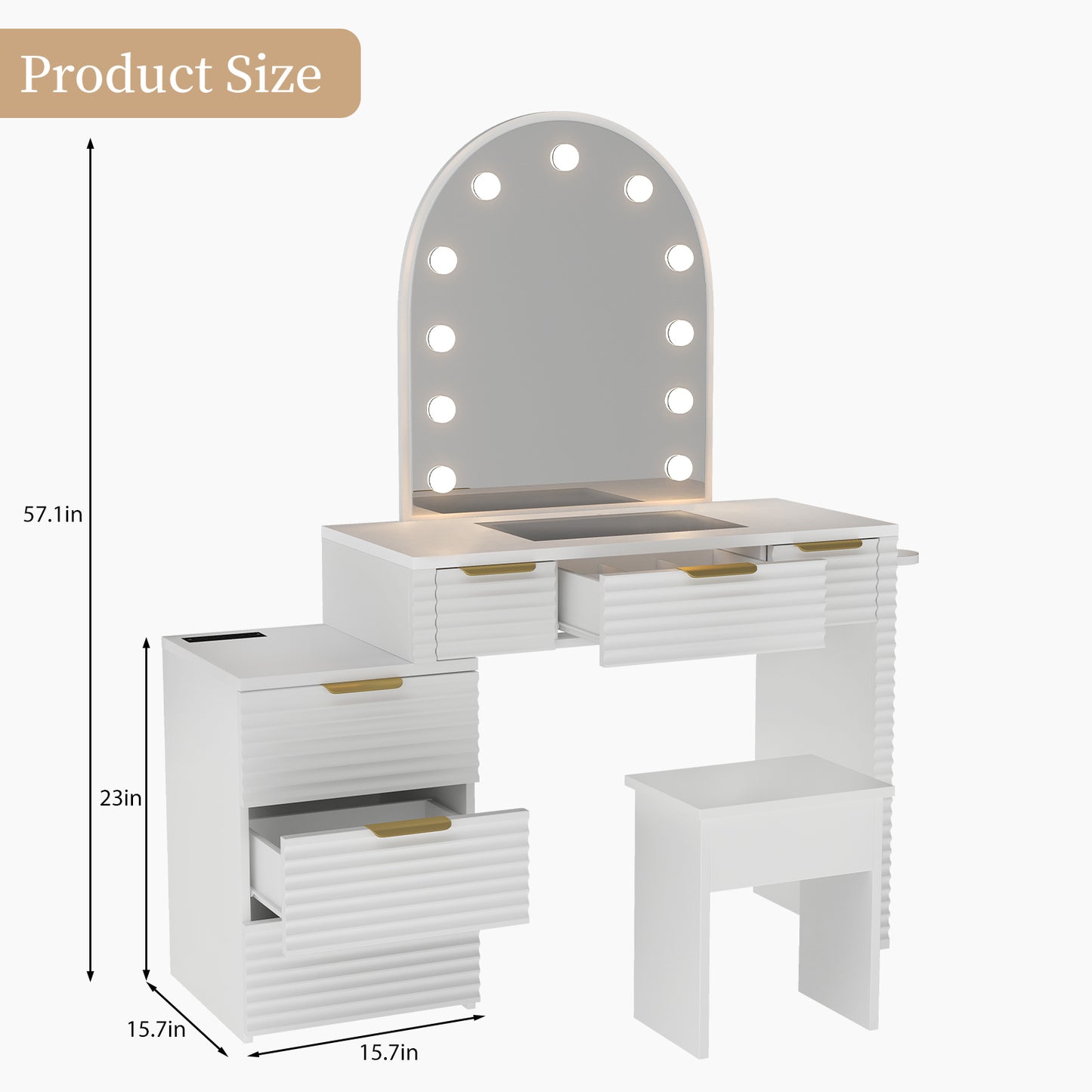 Makeup Vanity Desk With Mirror Lights Glass Tabletop 3 Lighting Modes Adjustable Vanity Table Modern Makeup Desk With Chair Power Outlet And 6 Drawers For Bedroom