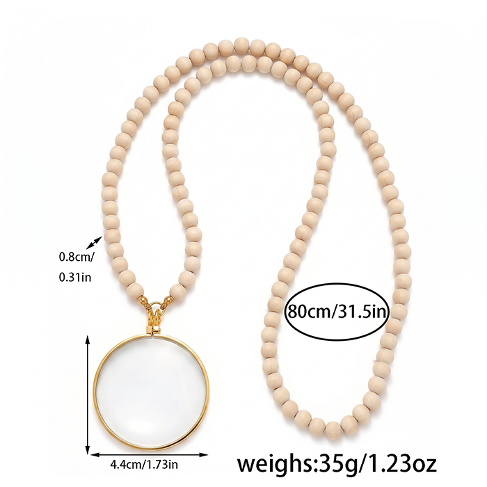 Retro Magnifying Glass Necklace With Natural Wood Beads - Long Adjustable Reading Magnifier Pendant - Vintage Boho Gift For Book Lovers Men Women