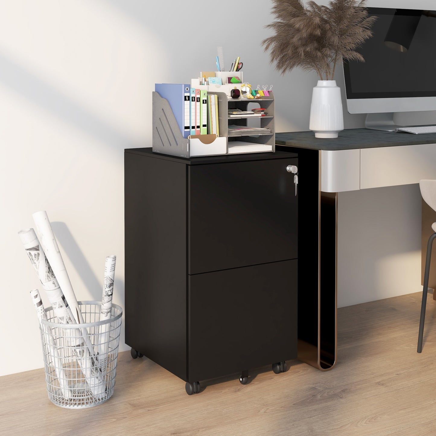 Vinsetto 2-Drawer Vertical Filing Cabinet With Lock And 5 Wheels, Steel Mobile File Cabinet, For A4, Legal And Letter Size, Pre-Assembled Body, Black