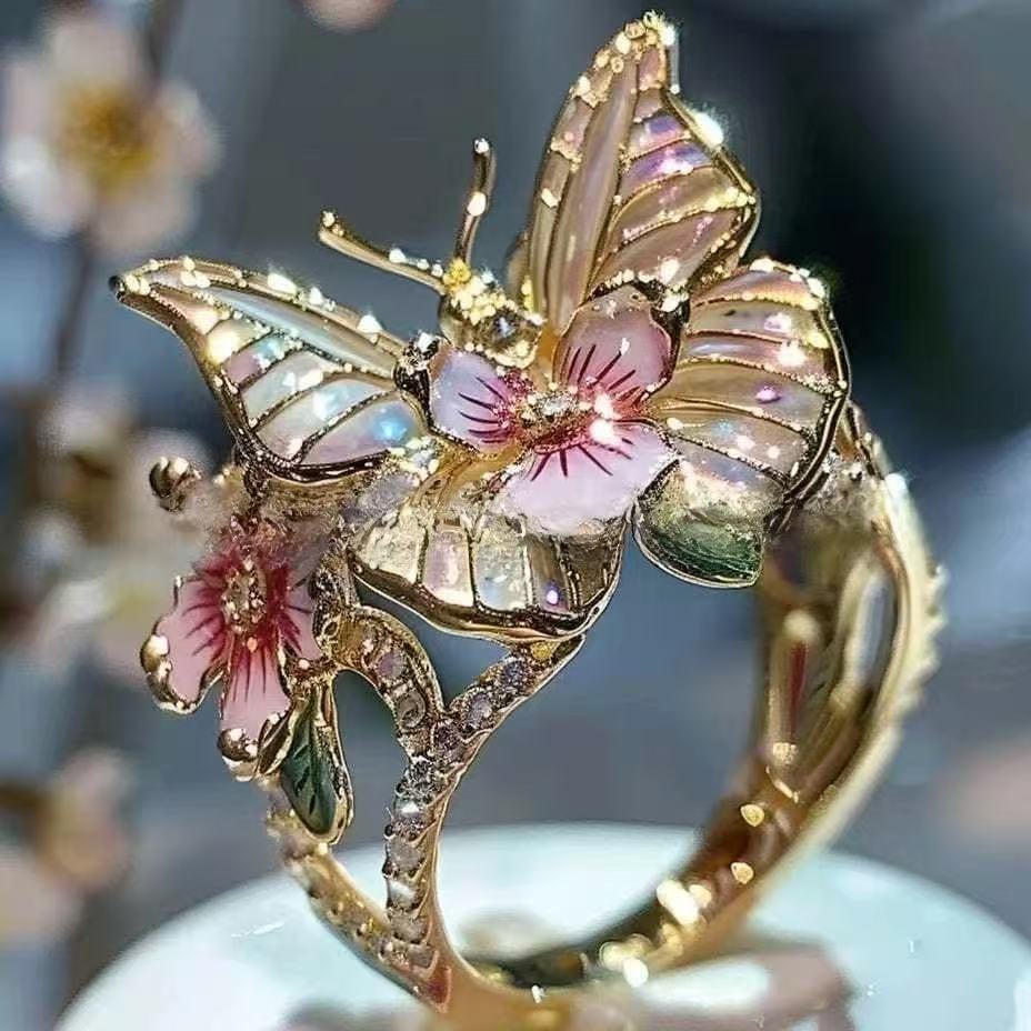 New Fashion Jewelry For Amazon, Exquisite Rhinestone Enamel Butterfly Flower Ring, Colorful Adjustable Open Band For Women