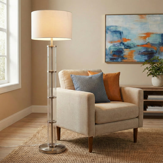 Nimbus Brushed Nickel Floor Lamp With 3-Way Rotary  Clear Glass Body  Metal Base