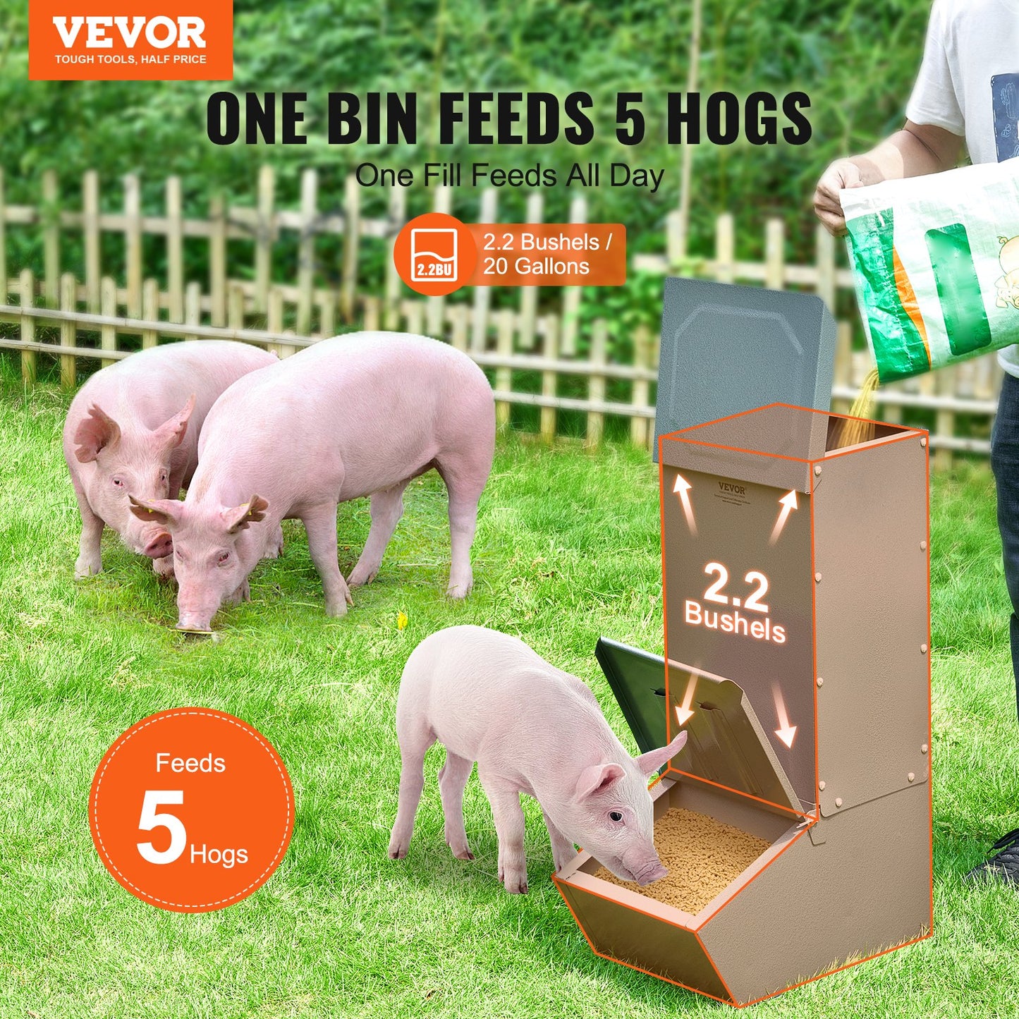 Hog Feeder, 2.2 Bushel Capacity, Single Door Pig Feeder, Heavy Duty Steel Piglets Feeder, Multipurpose Trough Creep Feeder, Outdoor Livestock Feeder Farm Accessory For Feeding Up To 5 Hogs