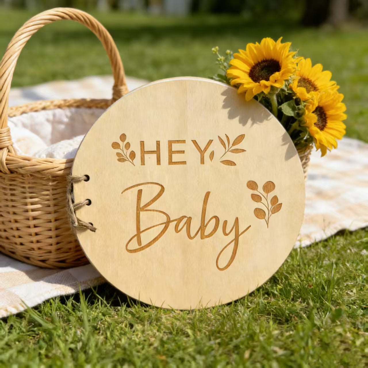 Round Wooden Hey Baby Guest Book, Laser Engraved Floral Baby Shower Signature Book, Natural Wood Baby Baptism Sign-in Book For Gender Reveal Party Decor
