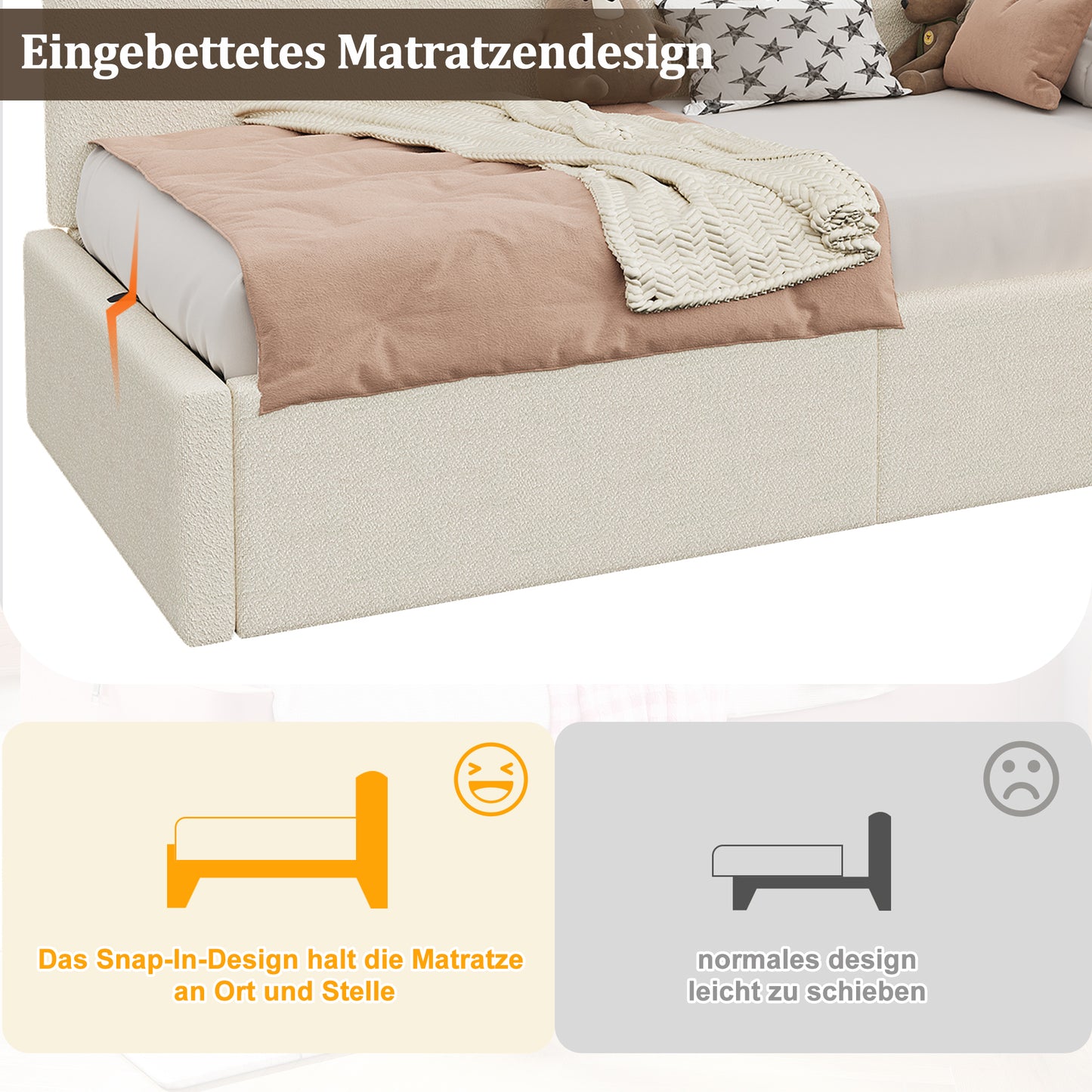 Daybed 90x200 Cm With Hydraulic Storage, Upholstered Bed, Daybed, Sofa Bed With USB Charging Port And Reading Lamp, Beige, Boucle