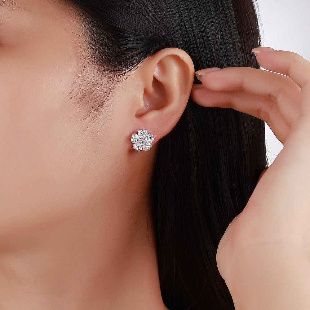 S925 Sterling Silver Heart Flower Stud Earrings, 5x5mm D-VVS1 Moissanite Cluster, Platinum Plated 3.4g Women's Jewelry Gift Box