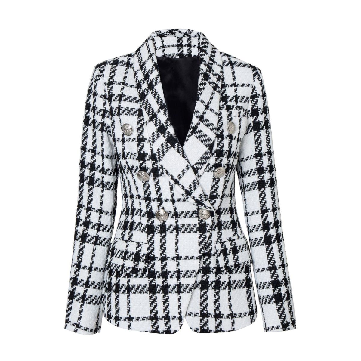 Black And White Plaid Womens Blazer, Korean-style Slim-fit For Fallwinter