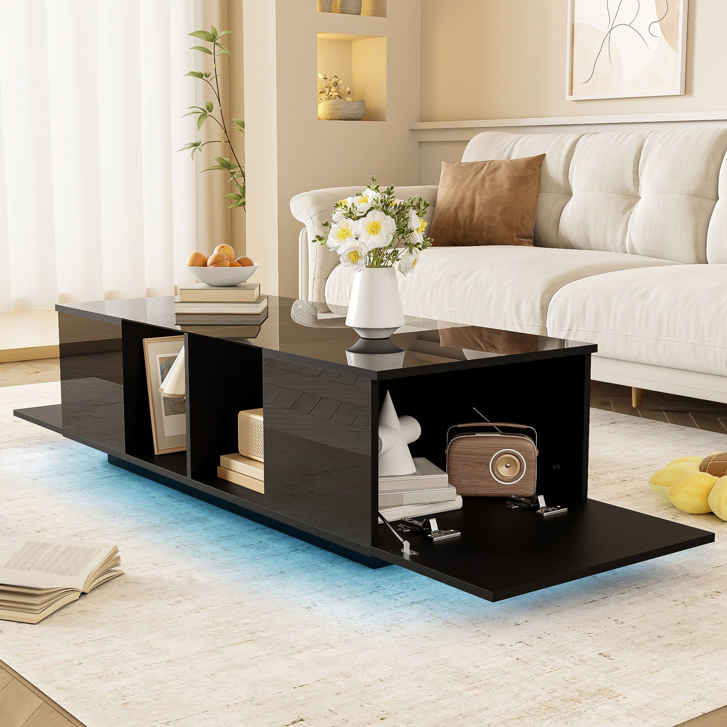Modern Black Coffee Table With LED Lighting, High Gloss Top, 120 X 50 X 38.5 Cm