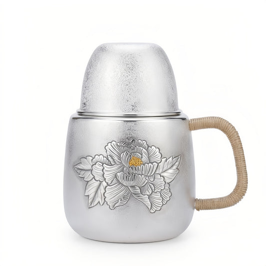 925 Sterling Silver Silver Peony Tea Vessel with Natural Rattan Handle and Floral Relief - Handicraft