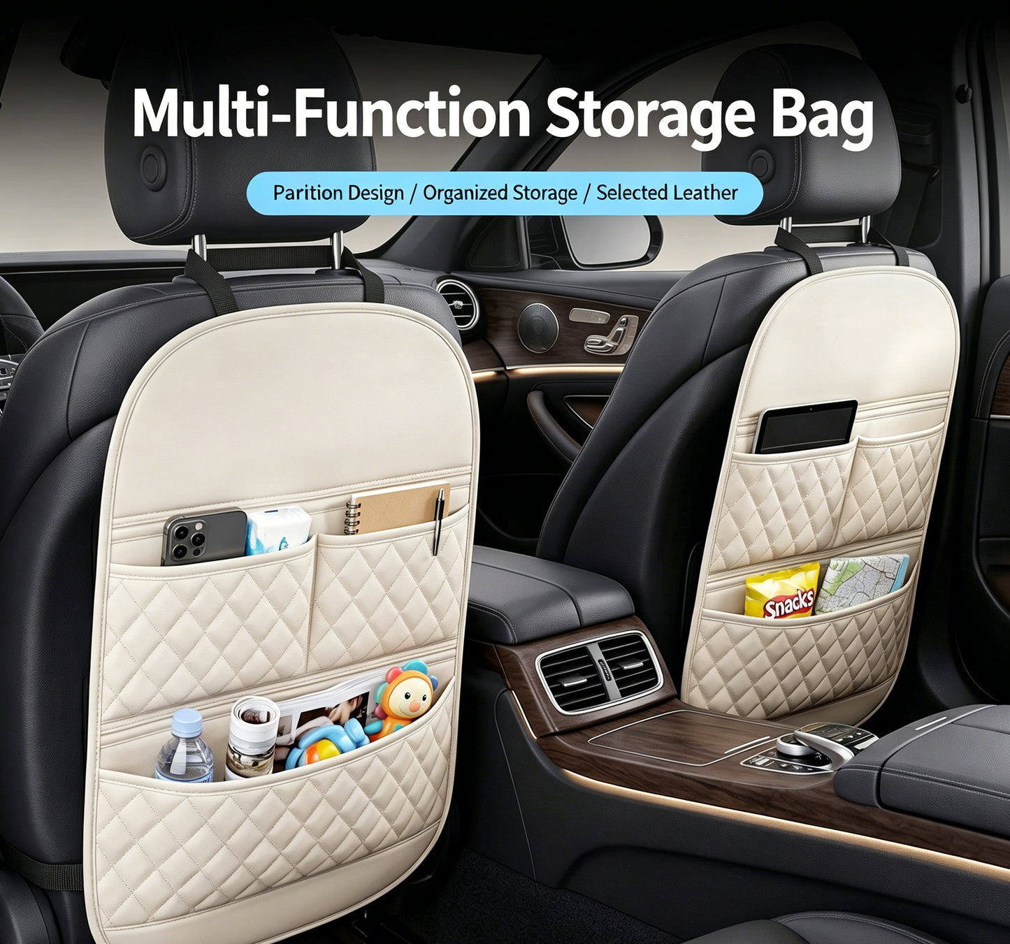 Universal Multi-Functional Car Leather Storage Organizer, Kids Seat Back Kick Mat, Car Rear Seat Hanging Storage Bag, Auto Interior Accessories