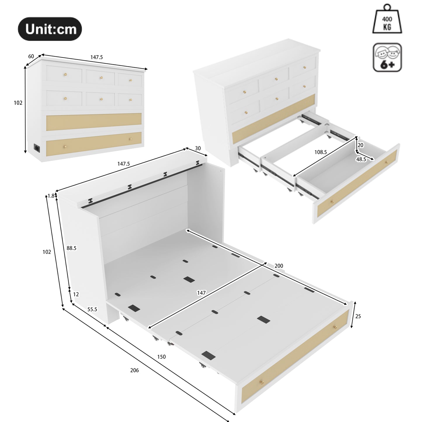 Murphy Bed, 140 X 200, Mobile Murphy Bed With Drawers At The End Of The Bed And Shelf At The Head Of The Bed, With USB And Socket, Convertible Platform Bed, Without Mattress, White