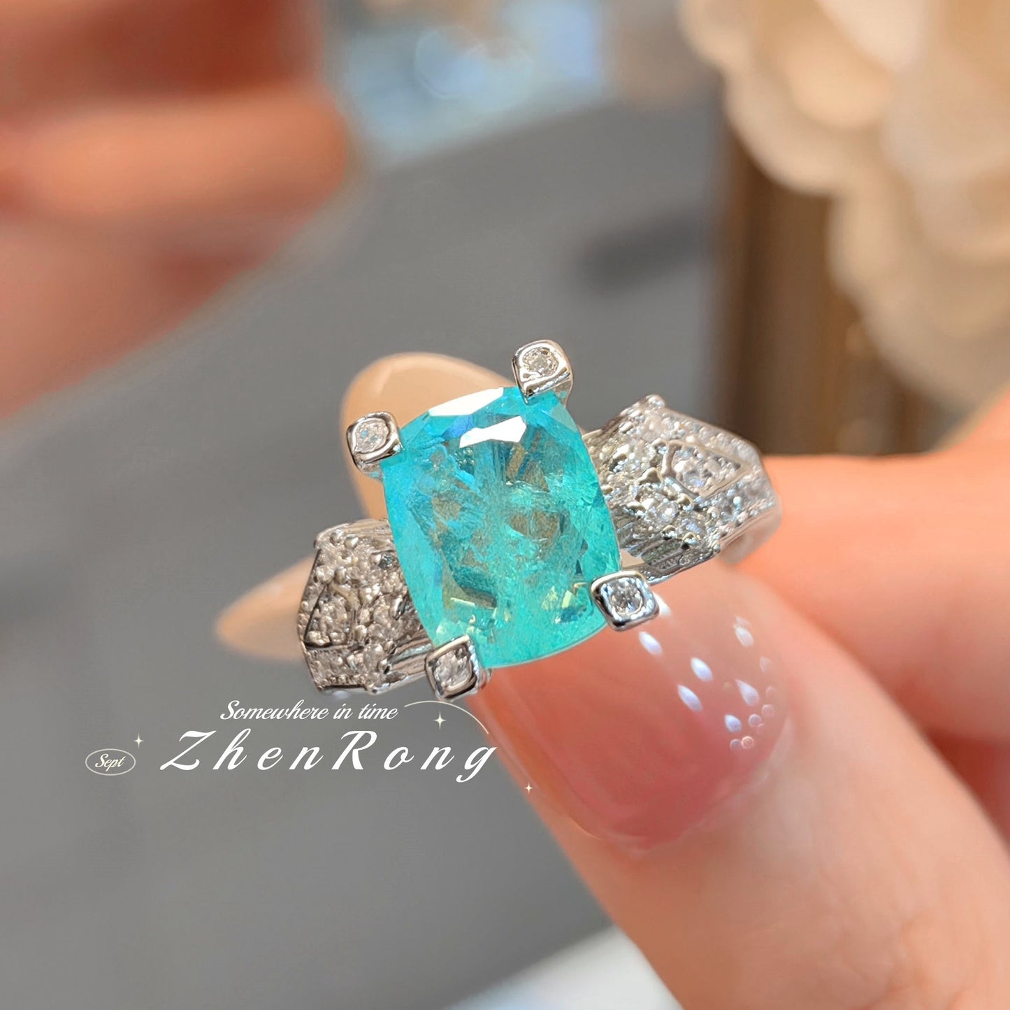 Fashion Elegant Paraiba Tourmaline Ring For Women, Niche Design Cushion Cut High Carbon Diamond Color Gemstone Adjustable Open Finger Ring