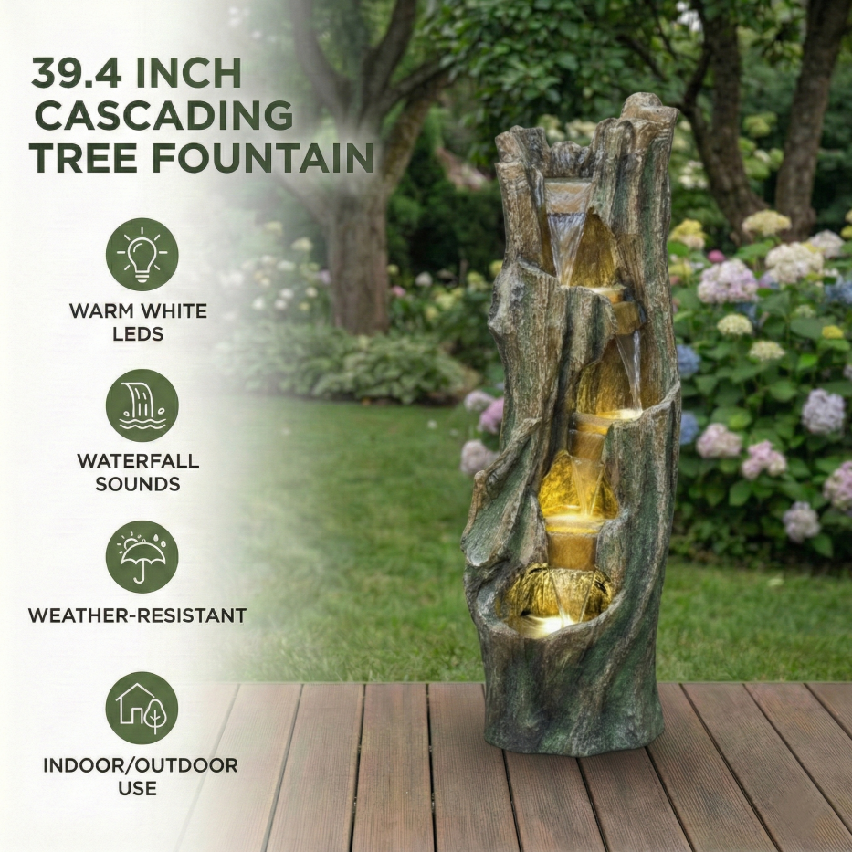 Waterfall Fountain For Outdoor Gardens And Patio Backyards Includes Energy-Efficient LED Lights And Easy Setup For Instant Relaxation