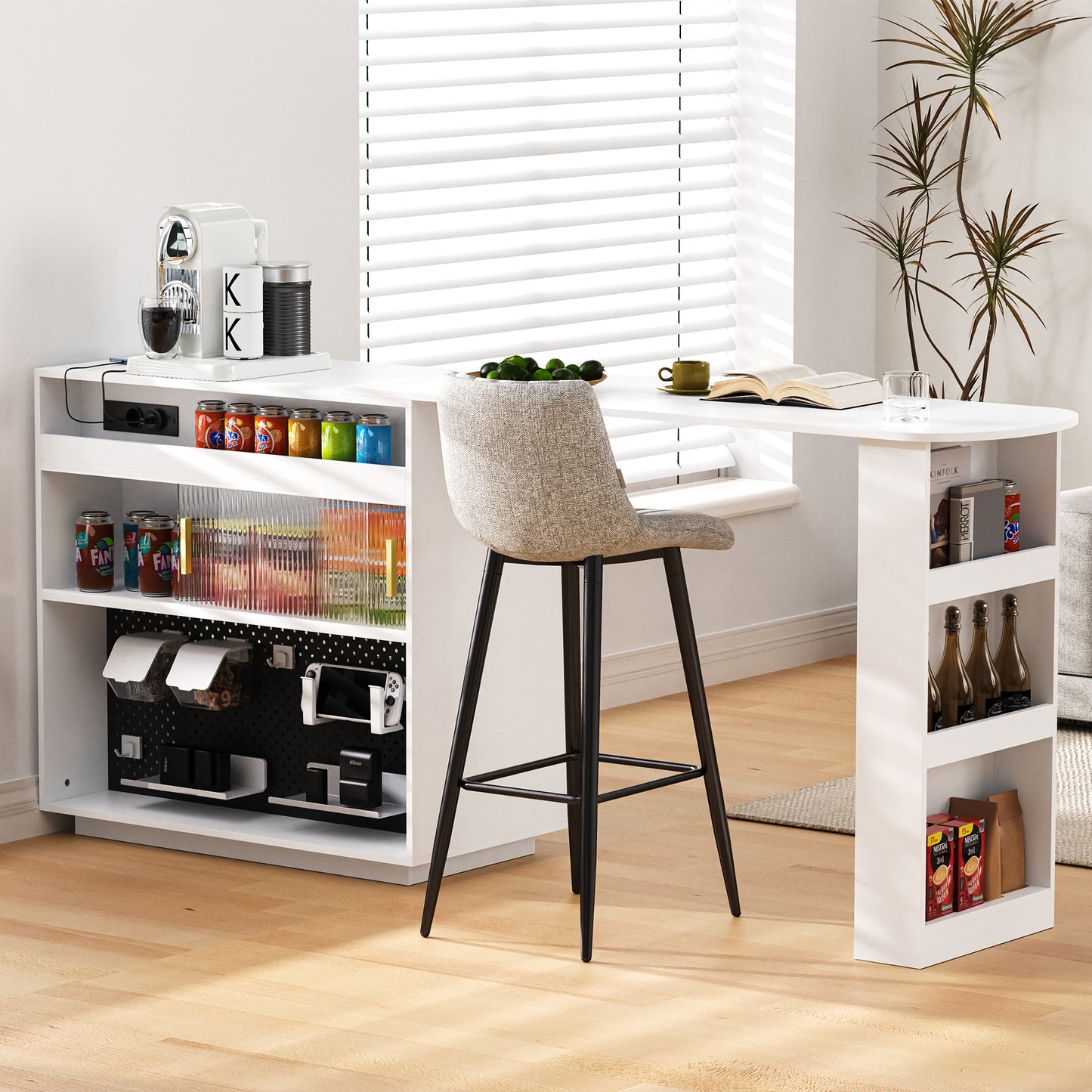 Modern Bar Table, Extendable 360 Swivel Sideboard With Storage And LED Lighting, Reversible Sideboard With Perforated Board And Sockets, Bar Table For Kitchen And Dining Room  White