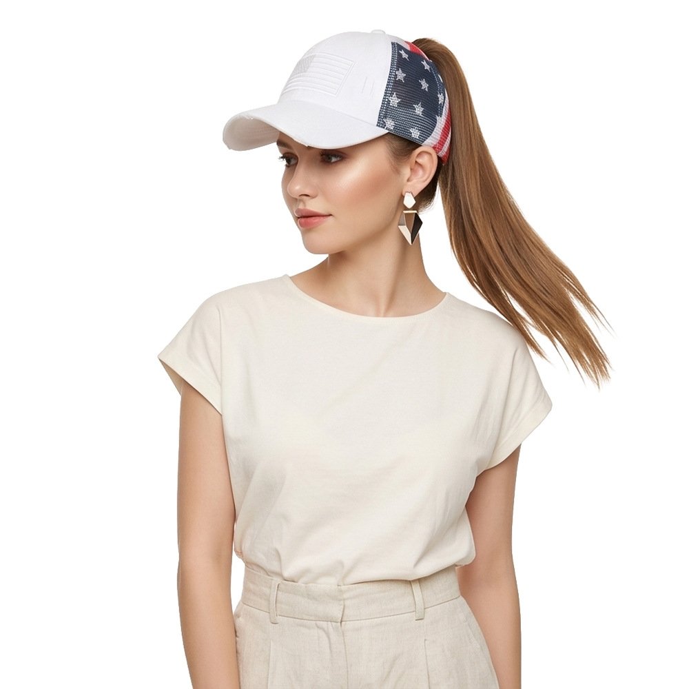 American Retro Brushed-hole Printed Flag Baseball Cap For Summer Outdoor Wear, With Ponytail Netting And A Floppy Brim