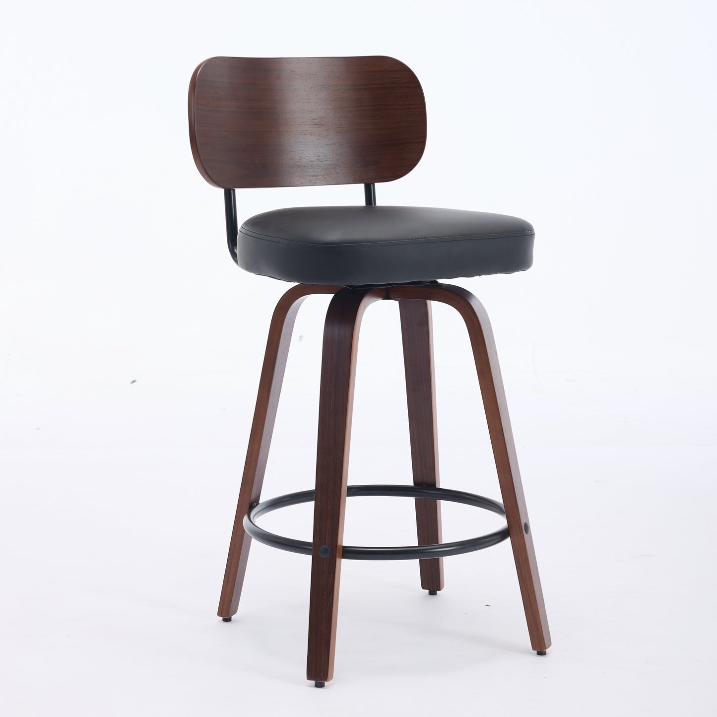 Swivel Bar Stools Set Of 2, 26  Upholstered Faux Leather Counter Height Barstools With Walnut Back & Bentwood Legs, Mid Century Modern Bar Chairs Island Stools For Kitchen Counter, Black PU, SW1864BK