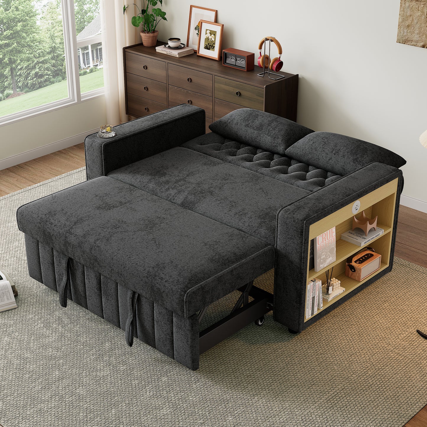 Modern 3 In 1 Folding Sofa Bed With Storage, Pull Out Chenille Sleeper, Cup Holders, USB Charging Port & Cushions, Convertible Double Sofa For Living Room, Bedroom, Guest Room, Grey
