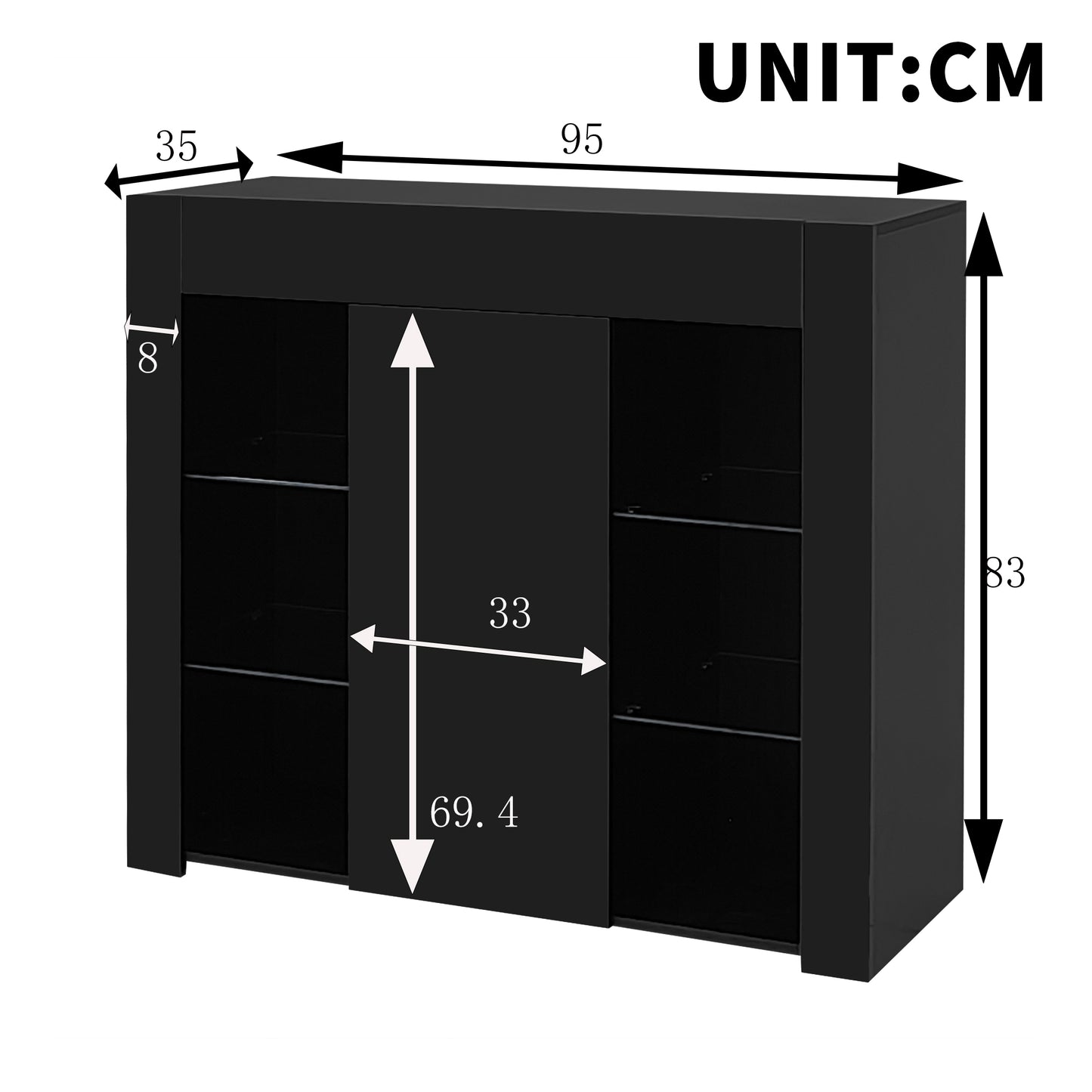 Modern Black Buffet With High Gloss Front  Compact, Stylish Storage Solution With Glass Shelves And Cabinet Door For Living Room, Dining Room Or Kitchen  95x35x83 Cm