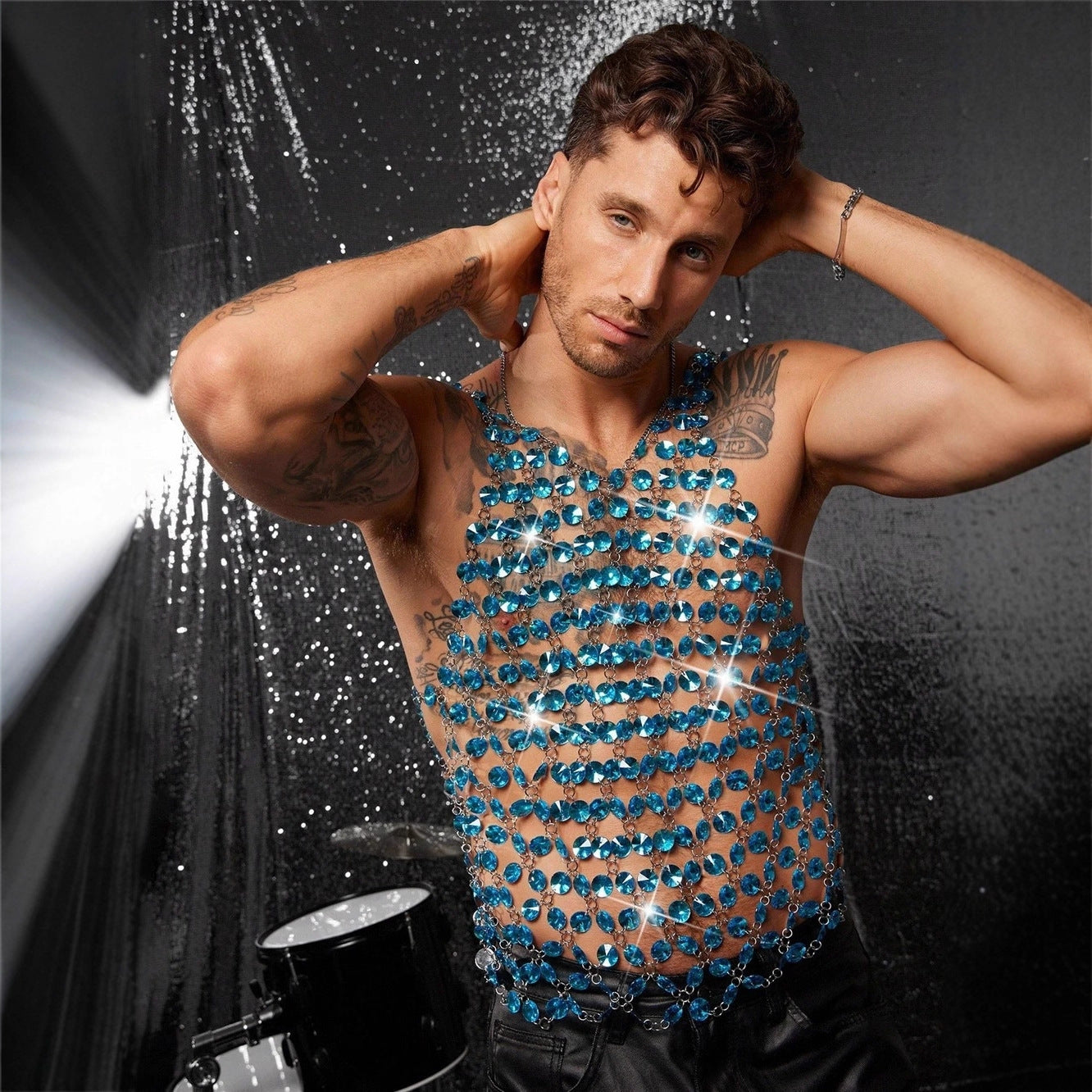 Mens Body Chain Spliced With Blue Gemstones, Metal Hollowed-Out Tank Top