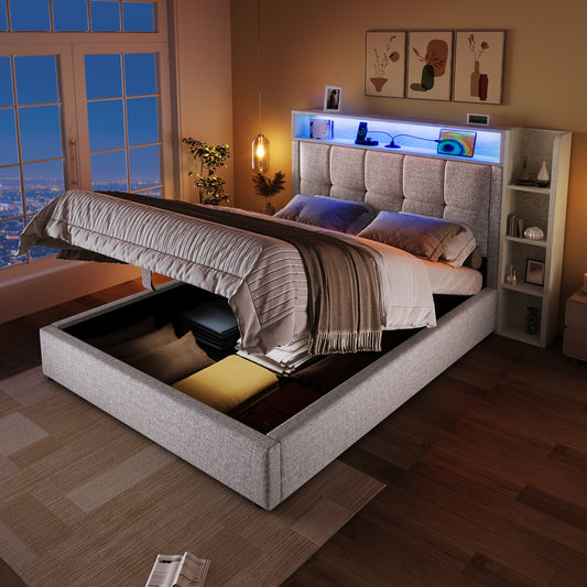 Upholstered Bed , 90x200 Cm, With USB Type-C Charging Function, Without Mattress, Multifunctional Storage, LED Lighting, Pushbutton Appdien,Linen, Beige