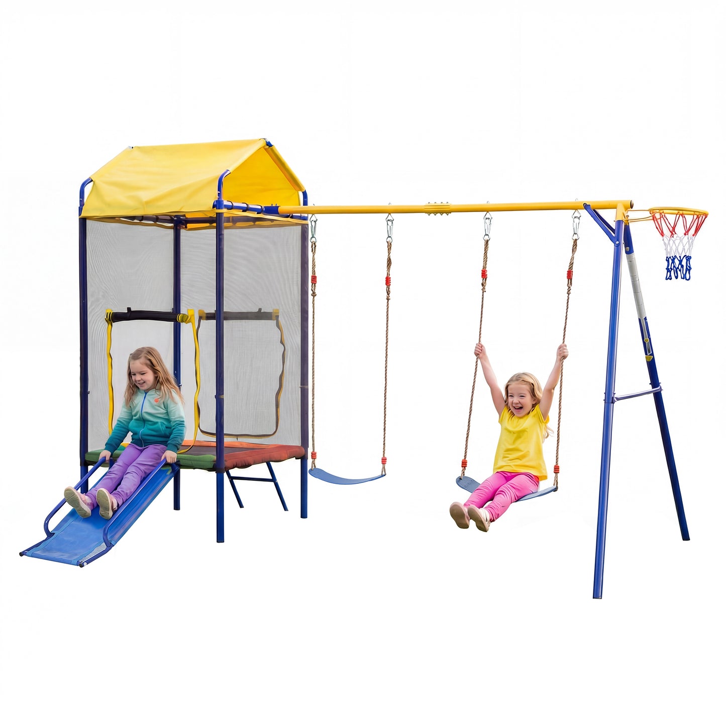 Multifunctional Outdoor Swing Set, Outdoor Children's Climbing Frame With Trampoline, Swing & Slide  Multifunctional Playground Equipment For Garden, With Safety Net, Basketball Hoop & Sturdy Iron Fr