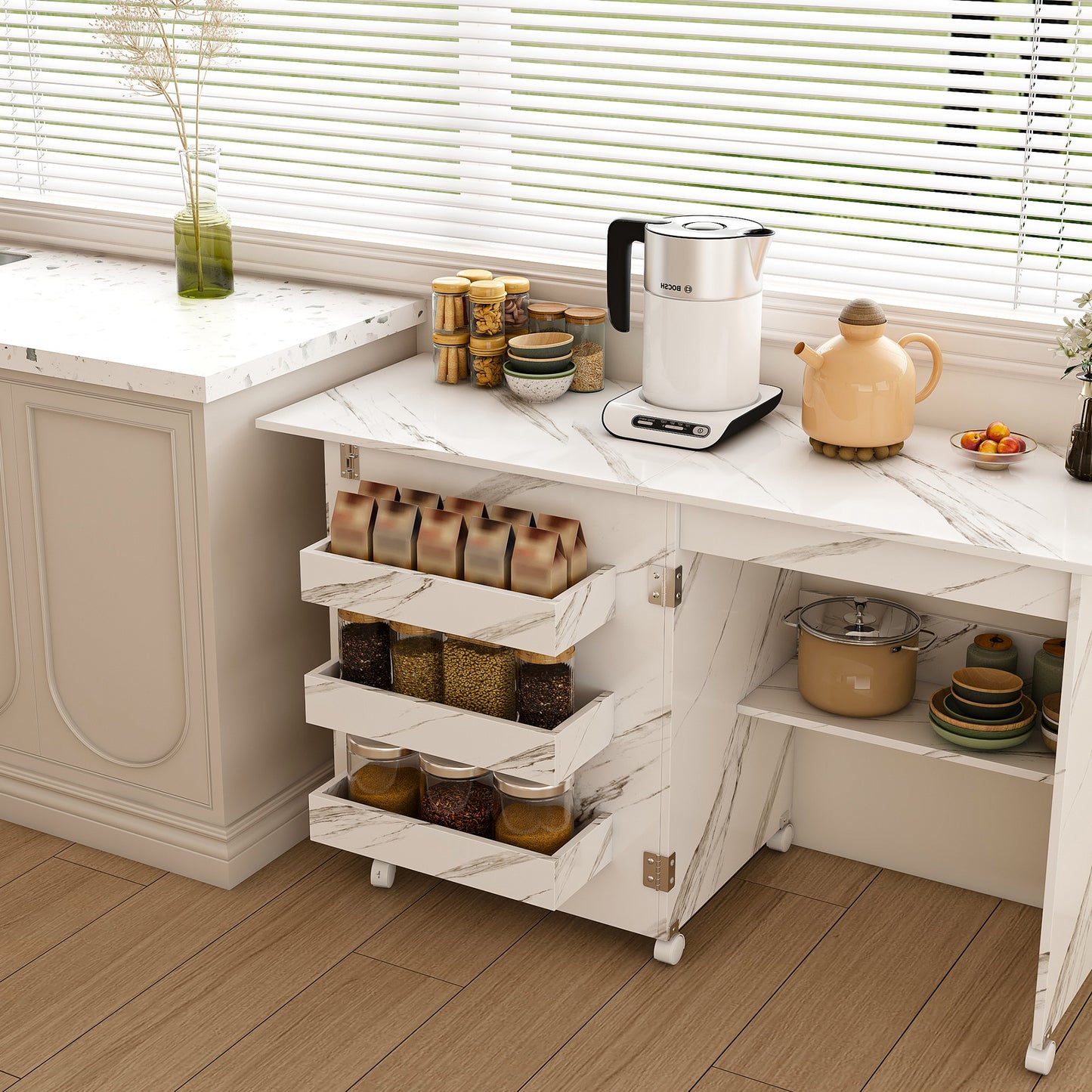 4-in-1 Folding Sewing Table With Lockable Wheels - Multi-Functional Craft Station  End Table  Computer Desk & Kitchen Storage With Shelves  White Rolling Sewing Machine Table For Apartments